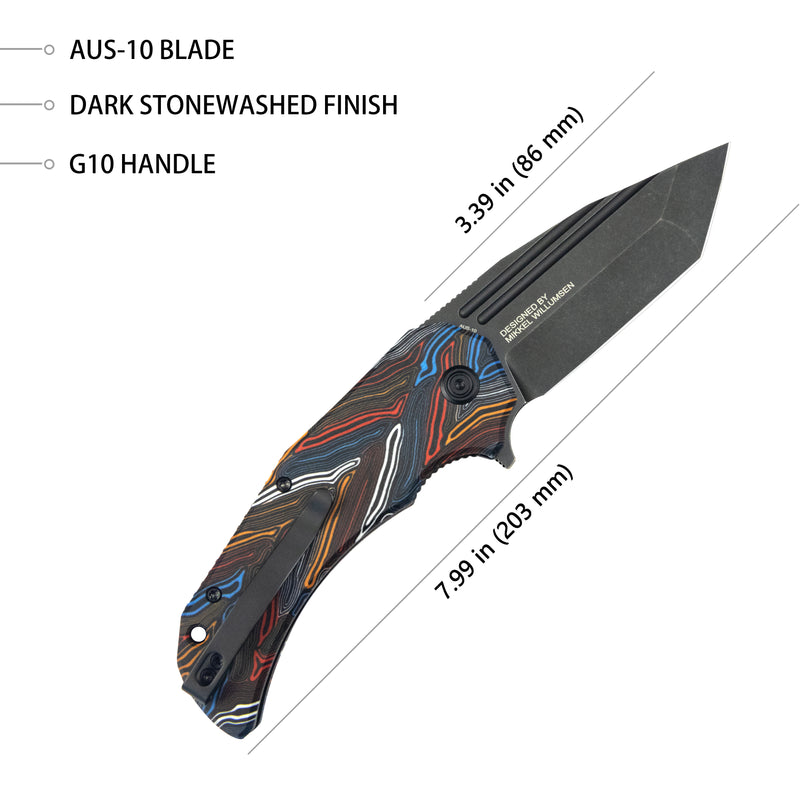 Mikkel Willumsen Design Bravo one Tanto Outdoor Folding Camping Knife Damascus Pattern Colorful G10 Handle 3.39" Blackwash AUS-10 KU318F