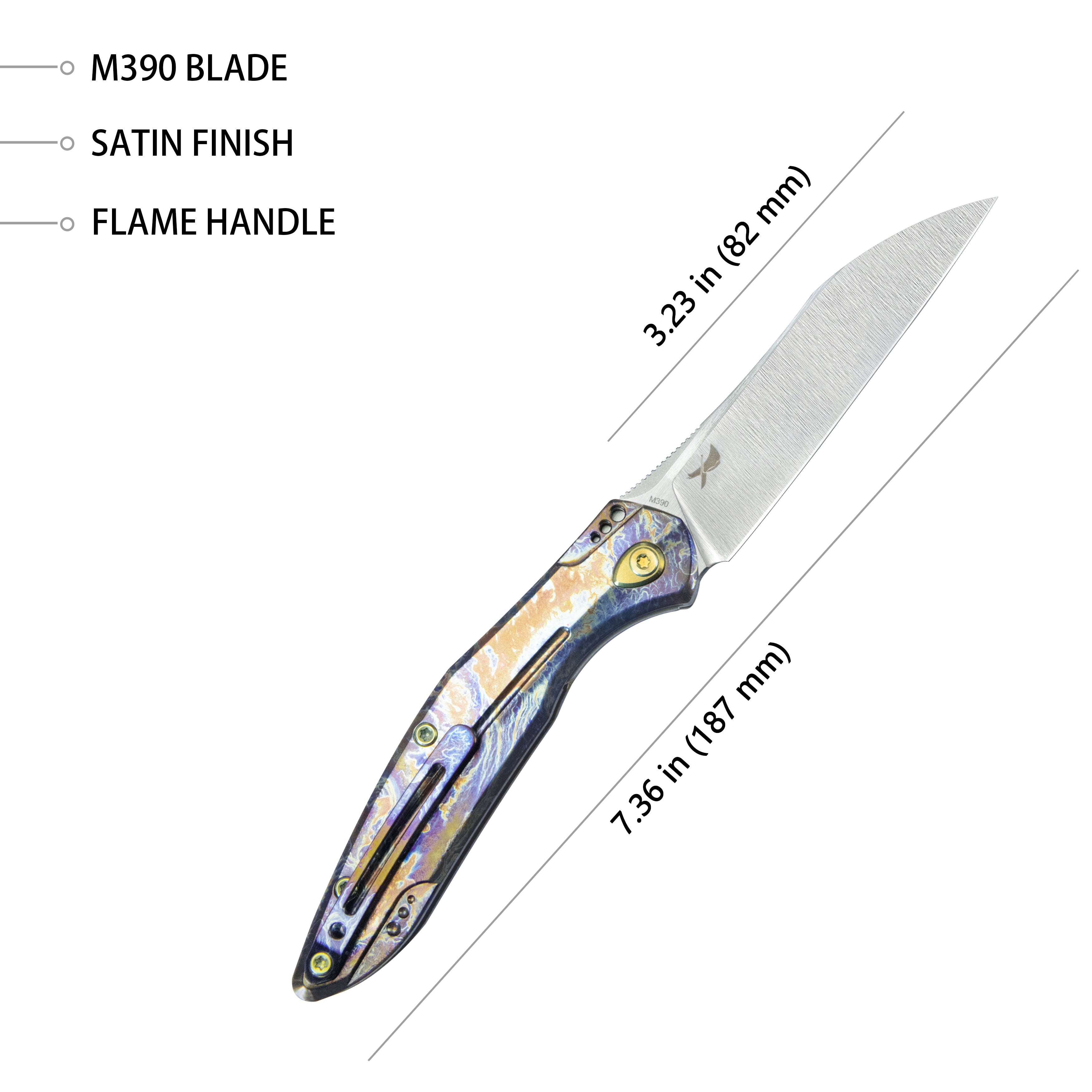 Kubey Barracuda Liner Lock Front Flipper Folding Knife Colorful Flame Titanium Handle 3.38" Satin M390 KB299E