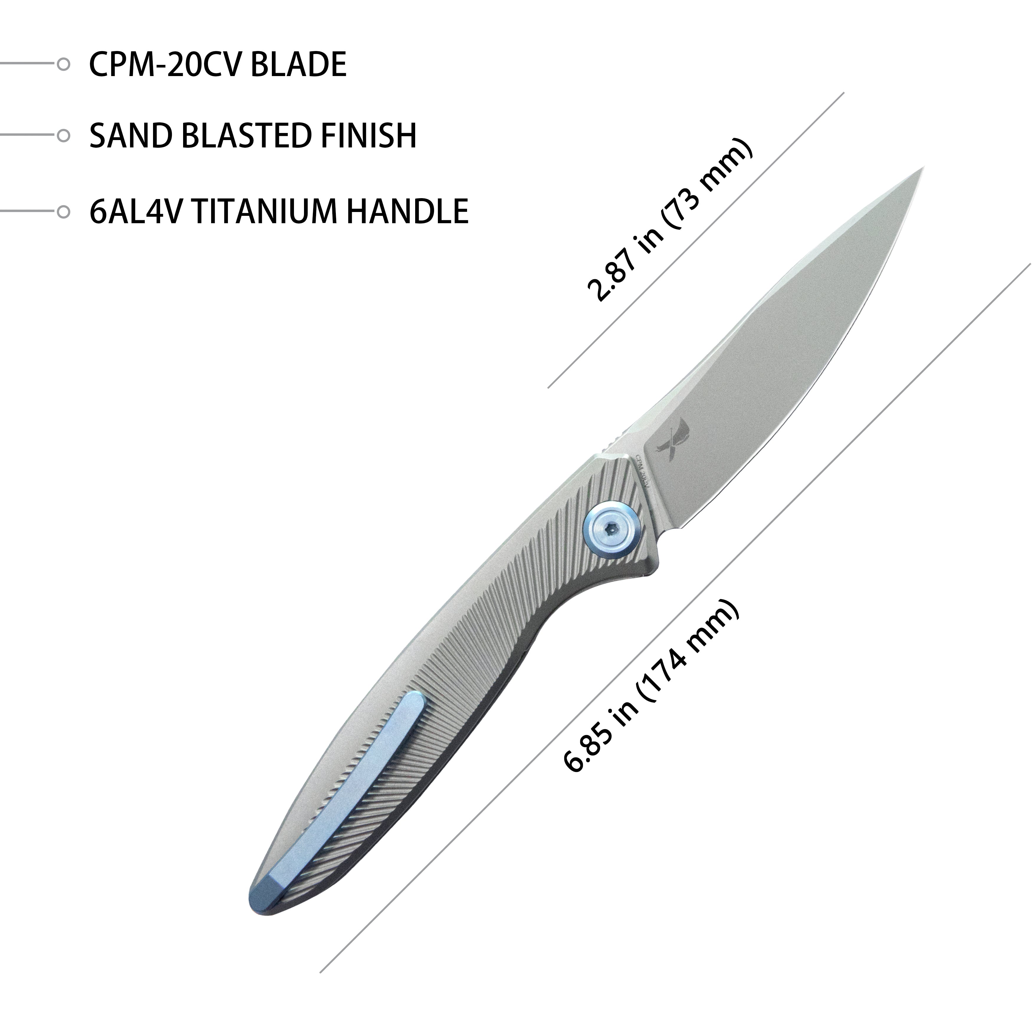 Kubey Pike Liner Lock Folding Knife Gray CPM-20CV Titanium Handle 2.87" Sand Blasted 6AL4V Titanium KB2103A