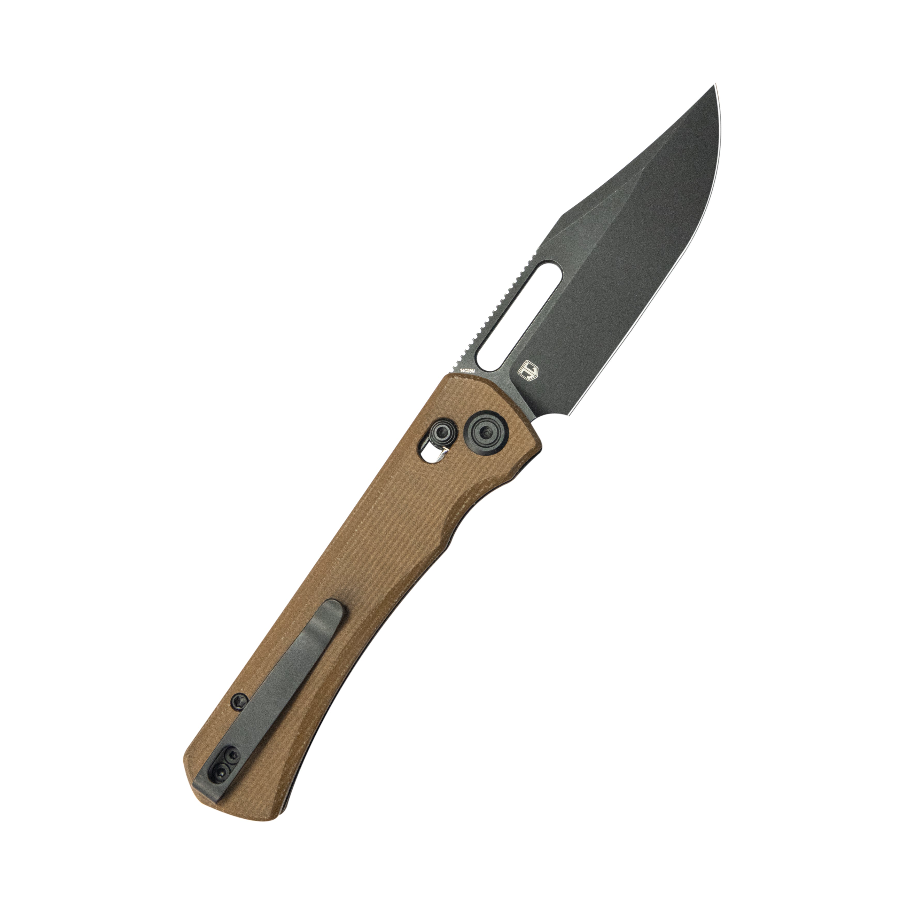 Kubey TBO Crossbar lock Everyday Carry Folding Knife Brown Micarta Handle 3.1" Blackwash 14C28N KU396E