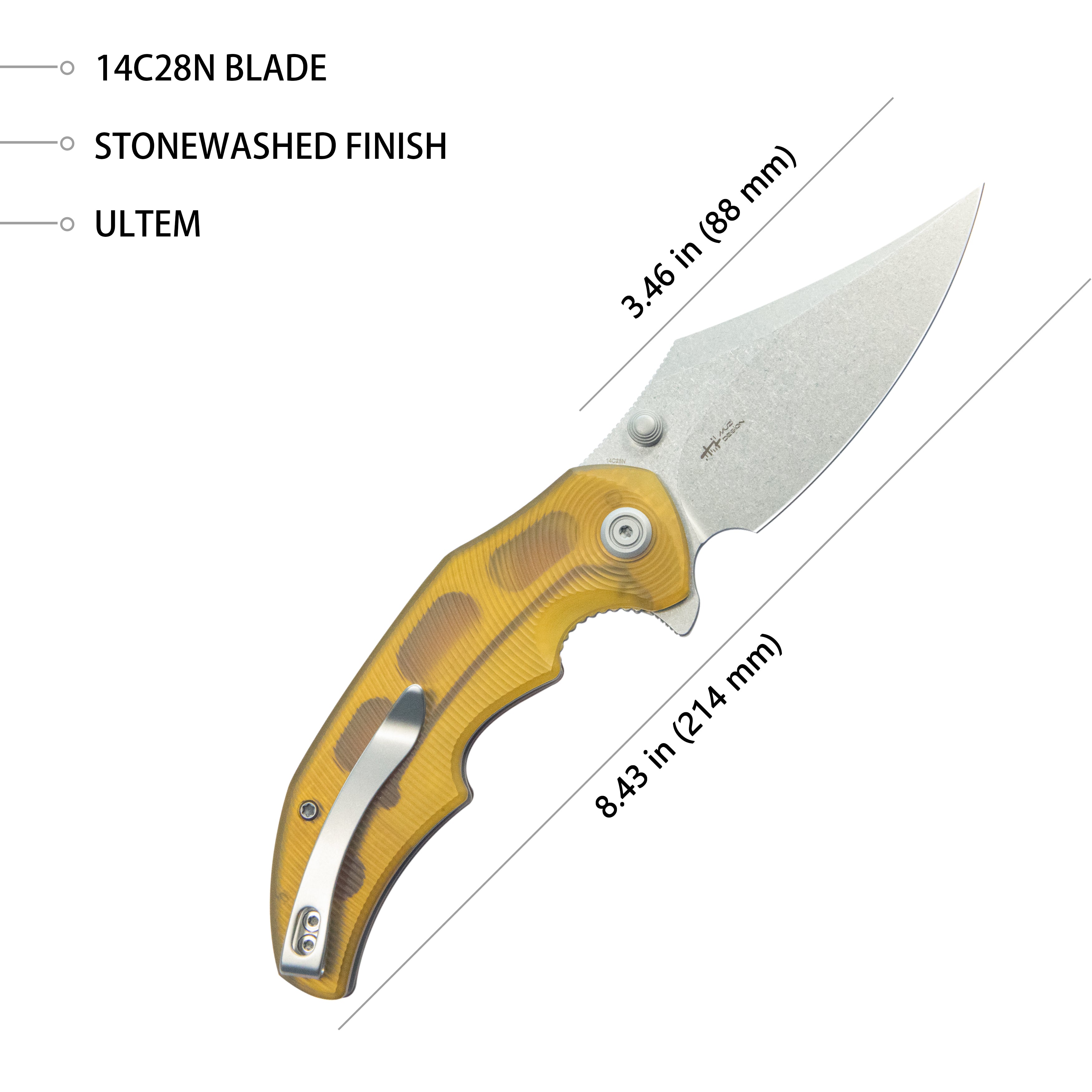 Kubey Ceto Flipper Camping Folding Knife Ultem Handle 3.46" Stonewash 14C28N Blade KU181C