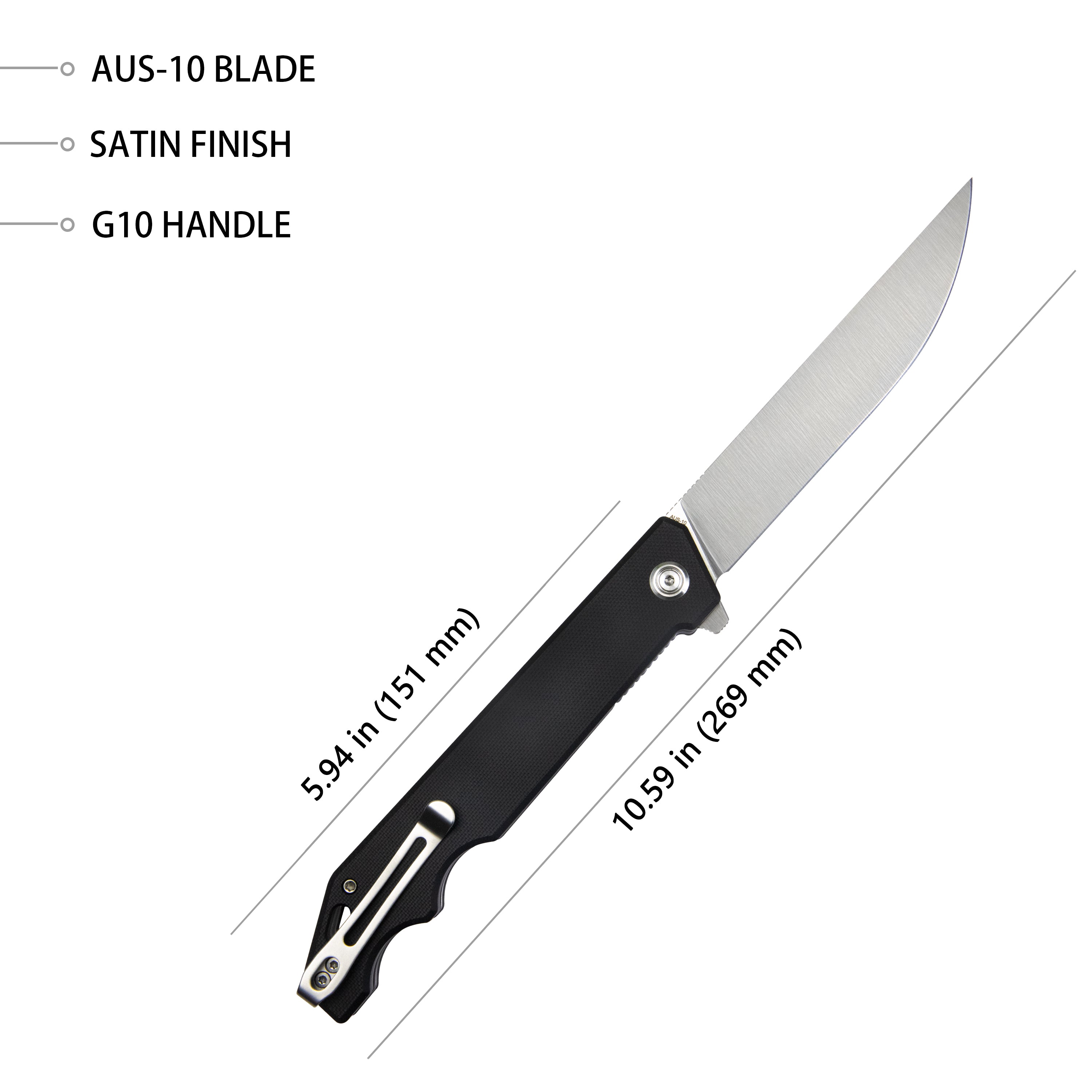 Pylades Liner Lock Flipper Folding Knife Black G10 Handle 4.65" Satin AUS-10 KU253A
