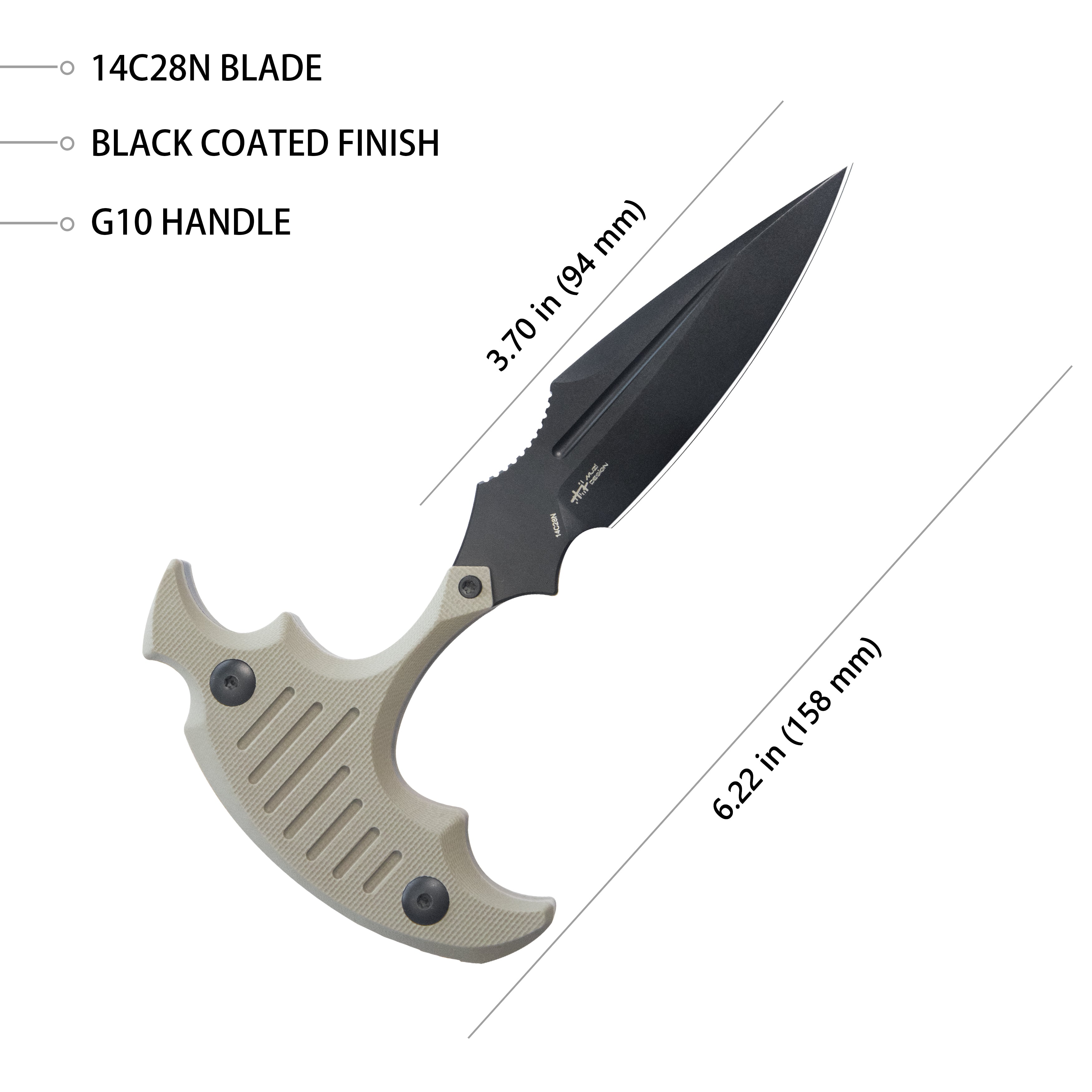 Medusa Push Dagger Fixed Blade Outdoor Knives w/ Kydex Sheath Tan G-10 Black Coating 14C28N KU242E