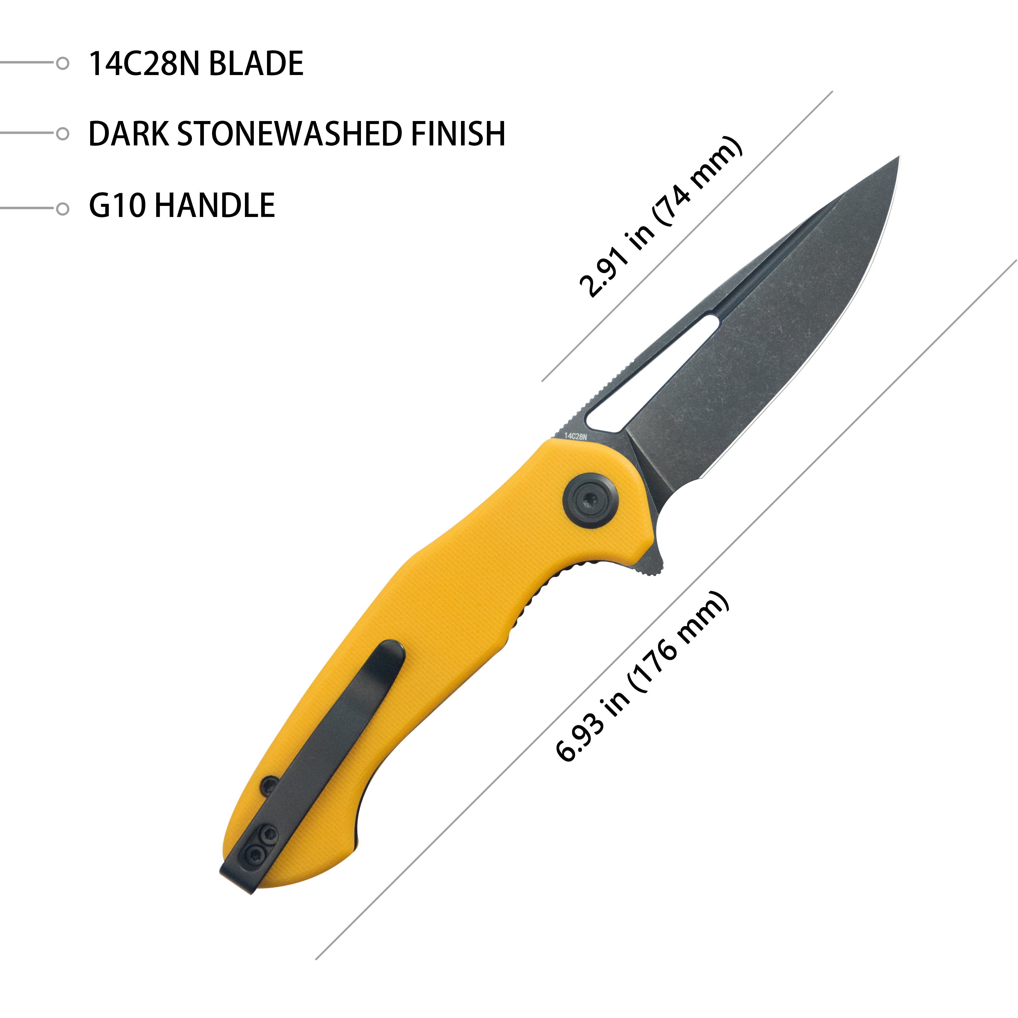 Kubey Dugu Liner Lock Folding Knife Yellow G10 Handle 2.91'' Blackwash 14C28N Blade KU210J