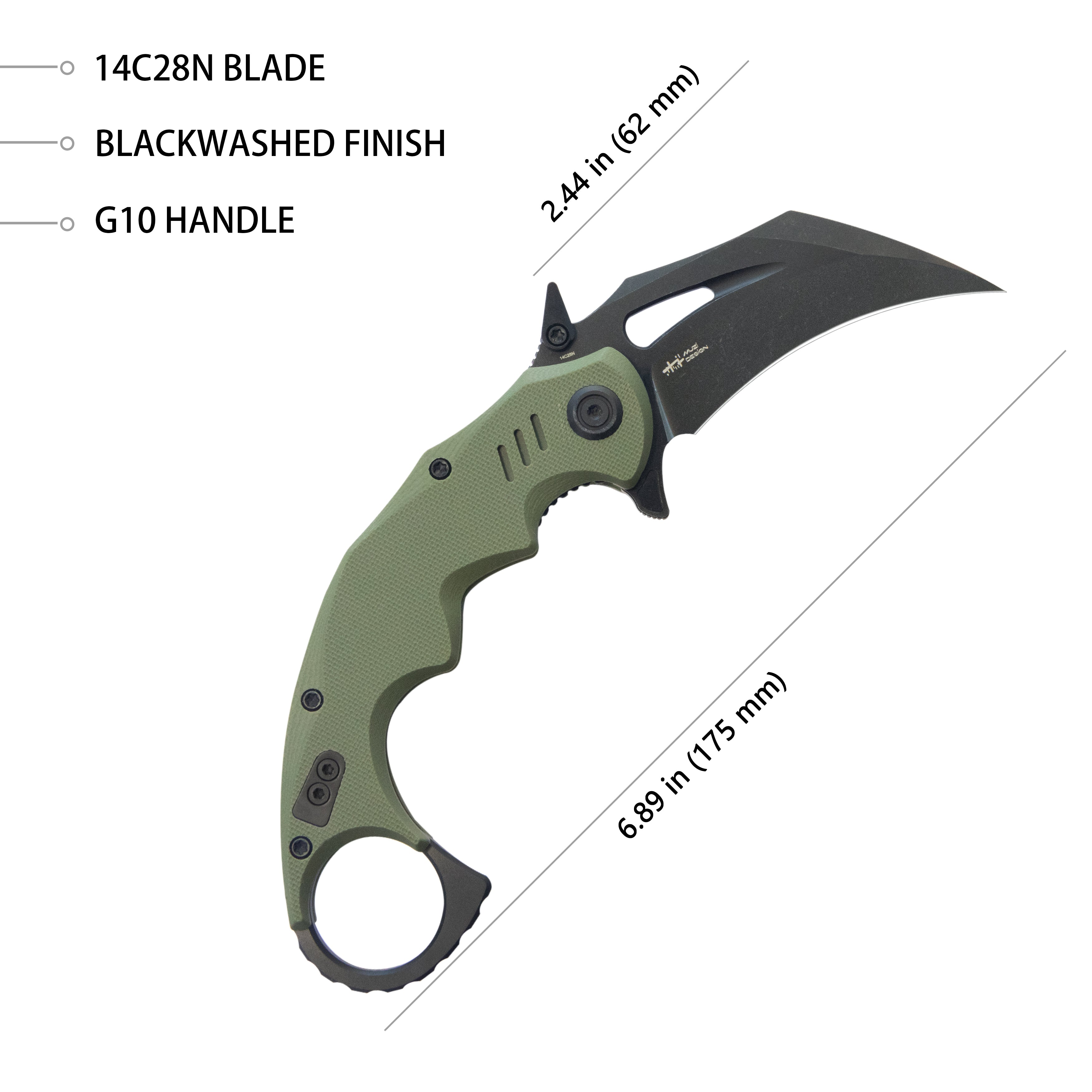 Kubey Mini Wrath Karambit Folding Knife Green G-10 Handle 2.44" Blackwash 14C28N Blade KU262F