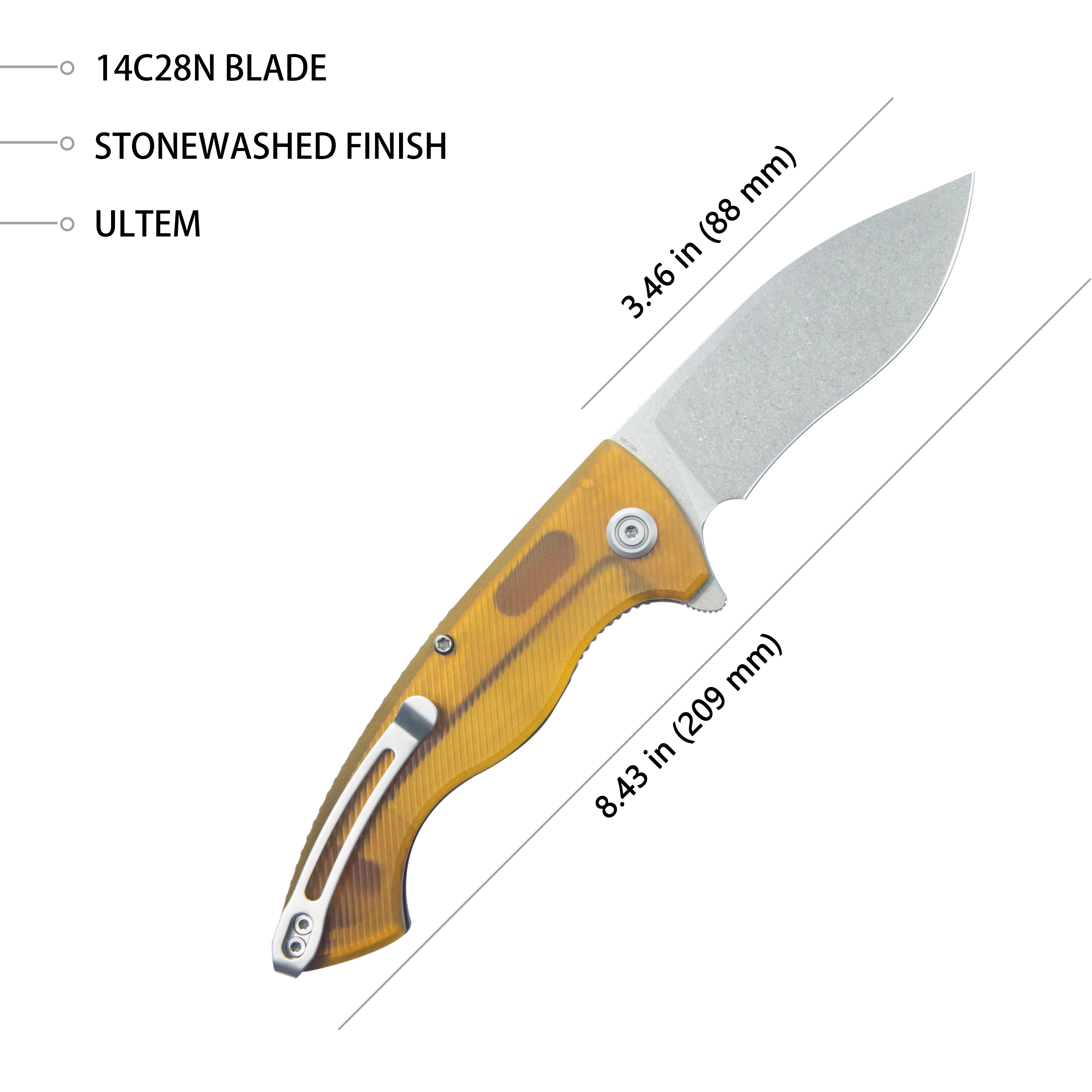 Kubey Timberwolf Flipper Outdoor Folding Knife Ultem Handle 3.46" Stonewash 14C28N Blade KU208E