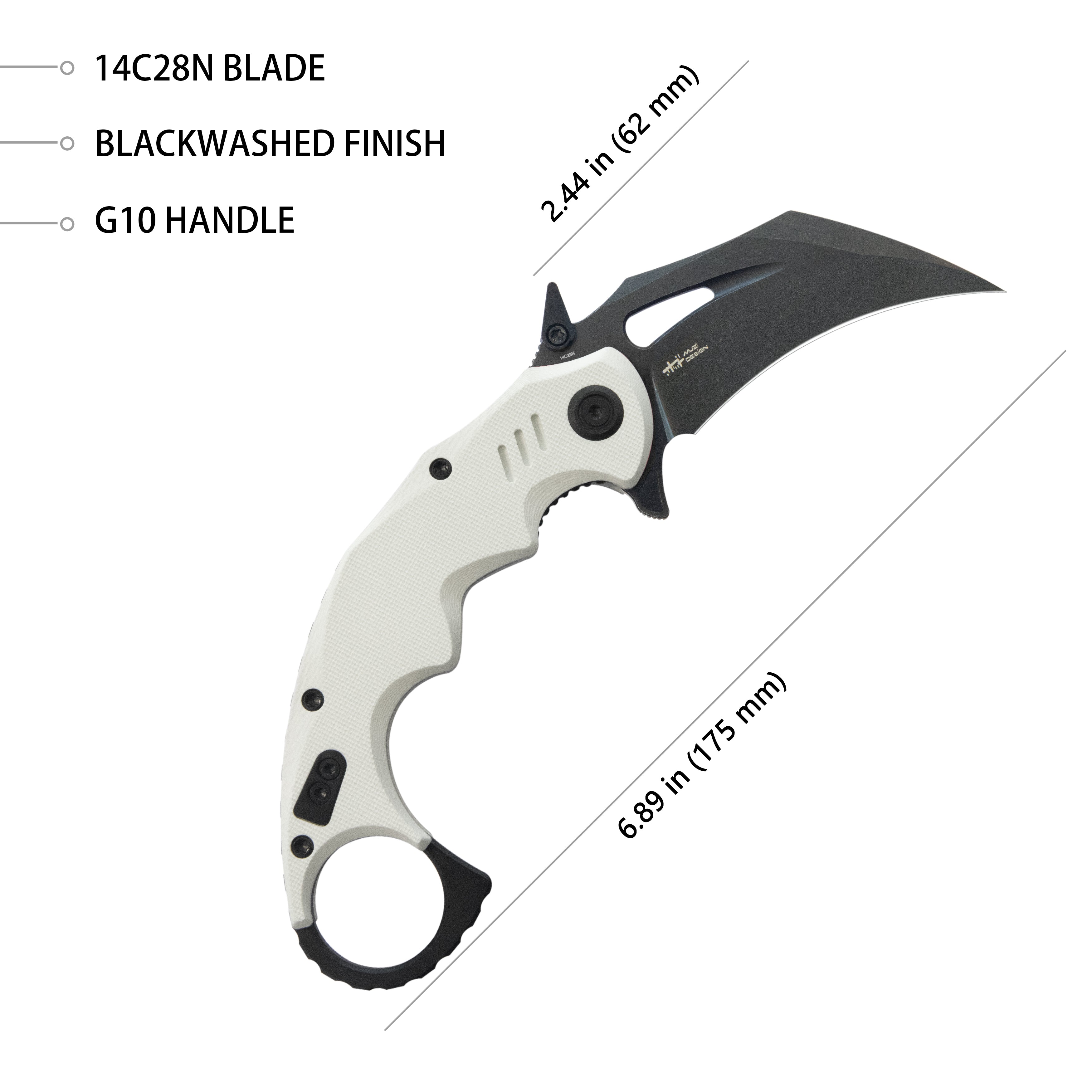 Kubey Mini Wrath Karambit Folding Knife White G-10 Handle 2.44" Blackwash 14C28N Blade KU262I