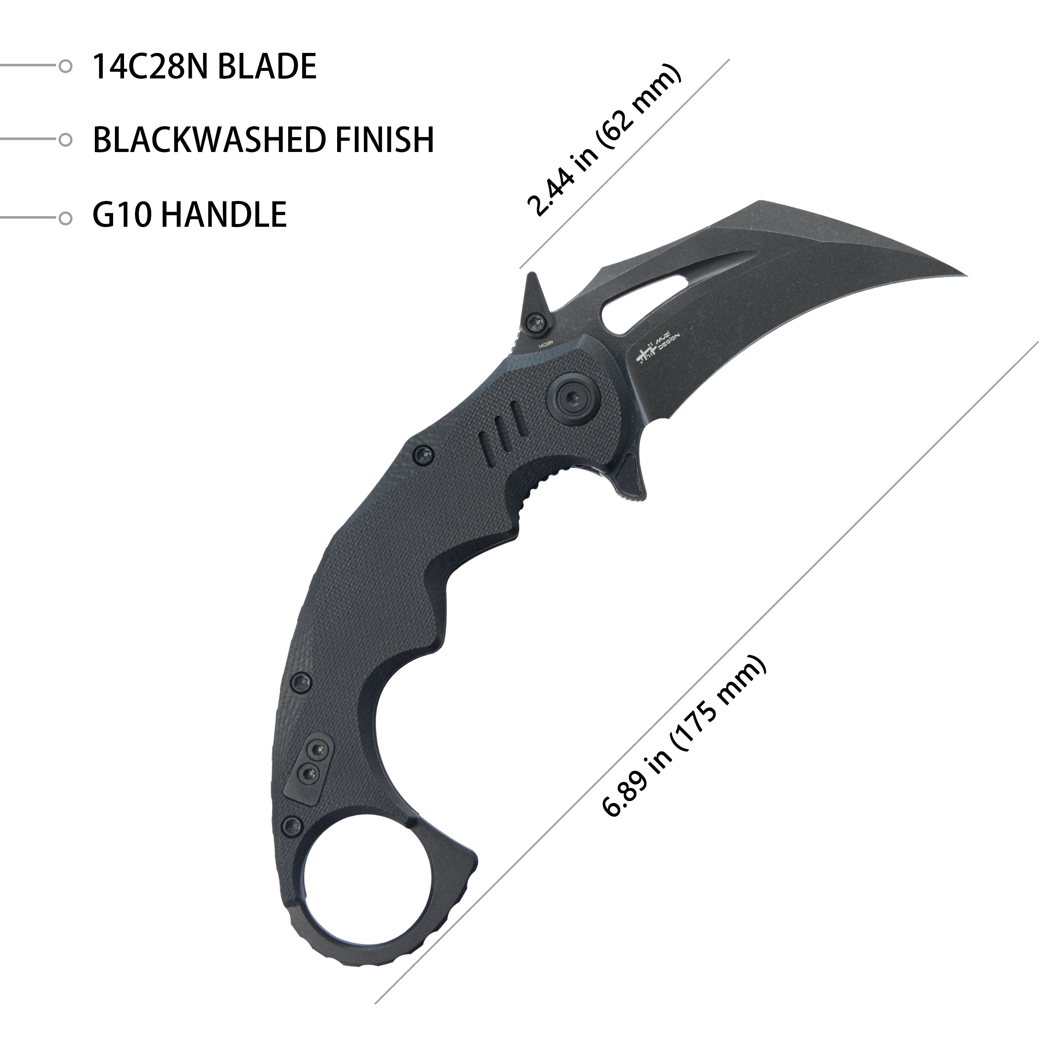 Kubey Mini Wrath Karambit Folding Knife Black G-10 Handle 2.44" Blackwash 14C28N Blade KU262E