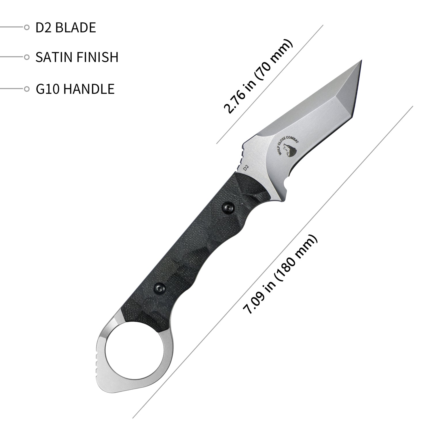 WOLF E-CQC Fixed Blade Knife Black G10 Handle w/Kydex 2.76" Satin D2 KU320A
