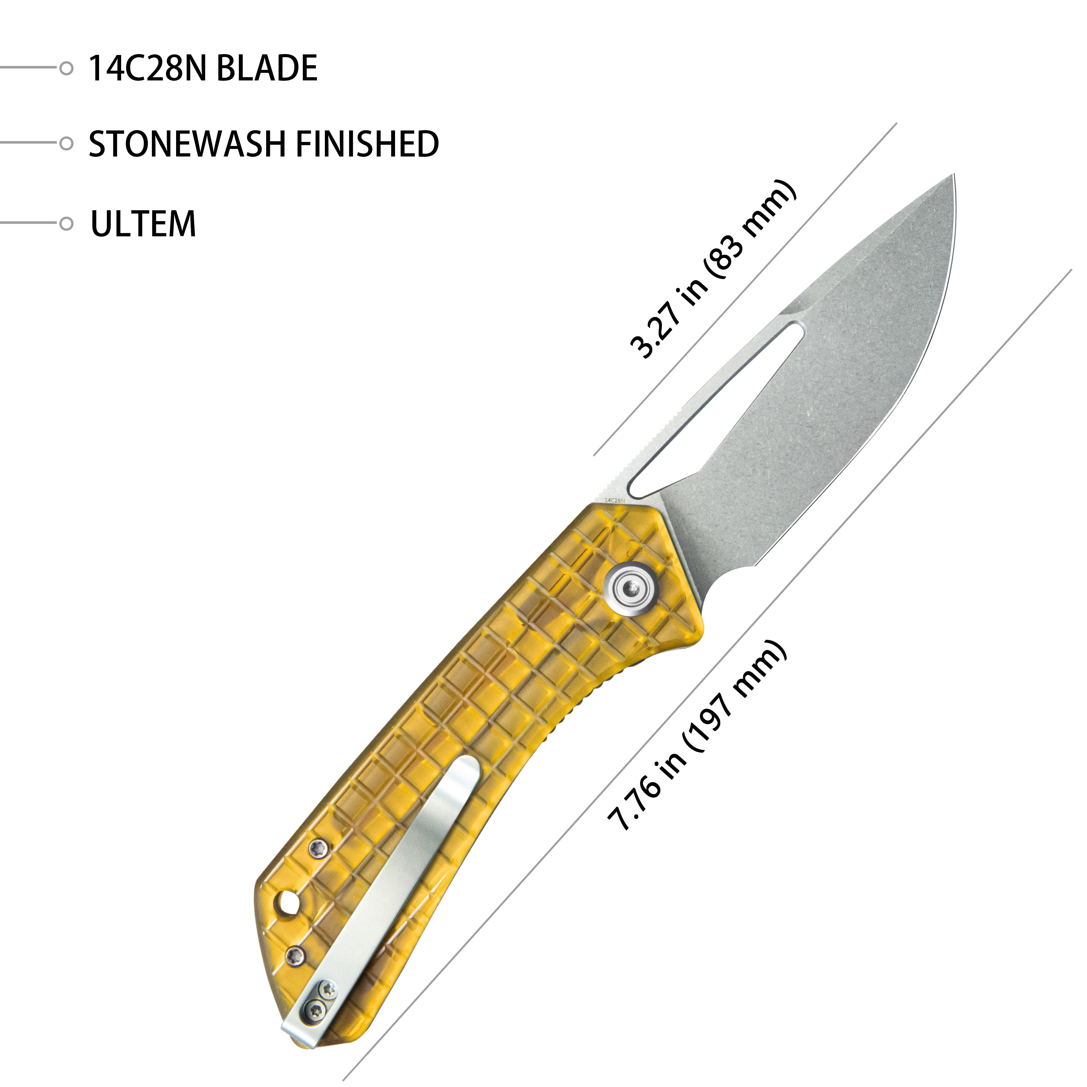 Kubey Thalia Front Flipper EDC Pocket Folding Knife Ultem Handle 3.27" Stonewashed 14C28N KU331Q