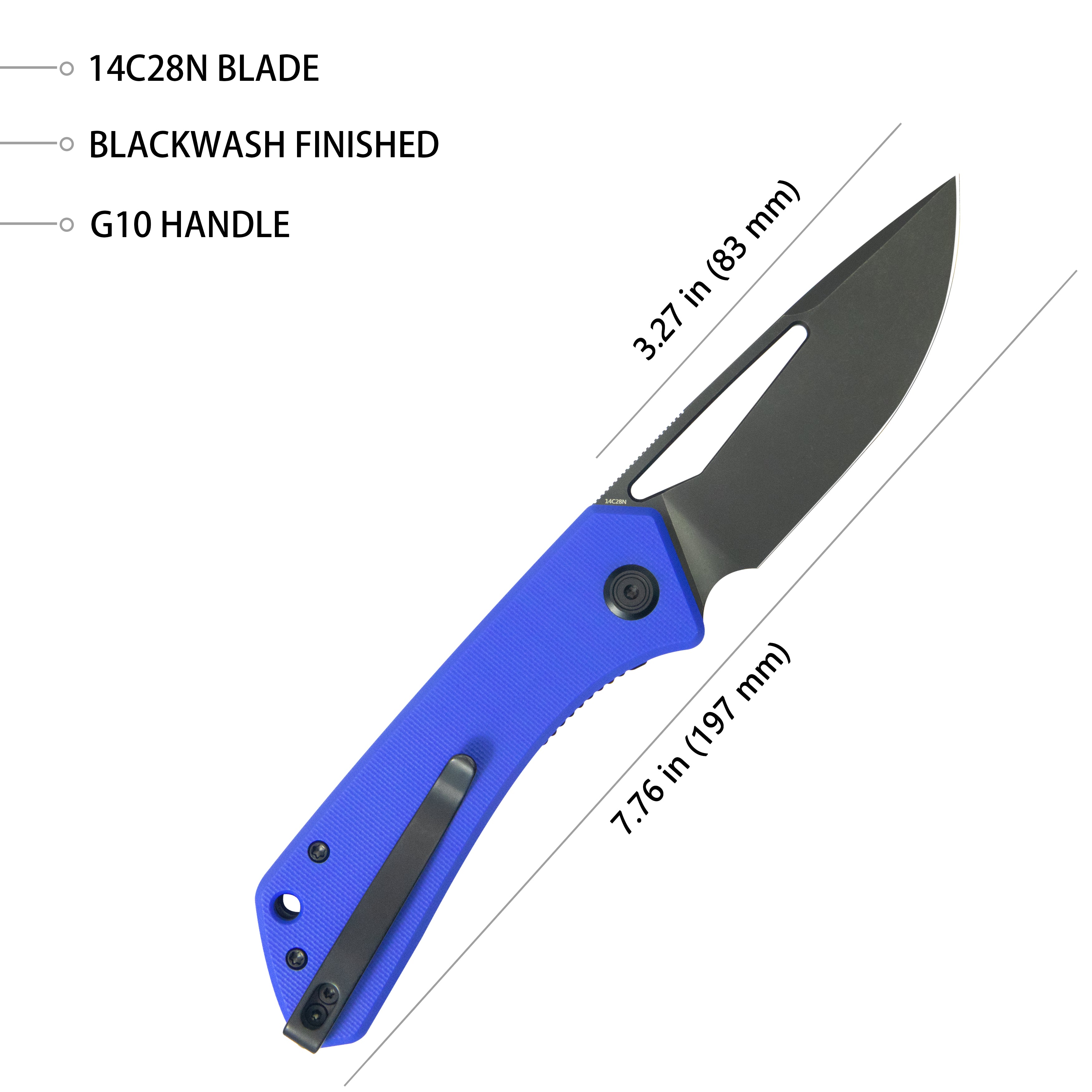 Kubey Thalia Front Flipper EDC Pocket Folding Knife Blue G10 Handle 3.27" Blackwash 14C28N KU331P