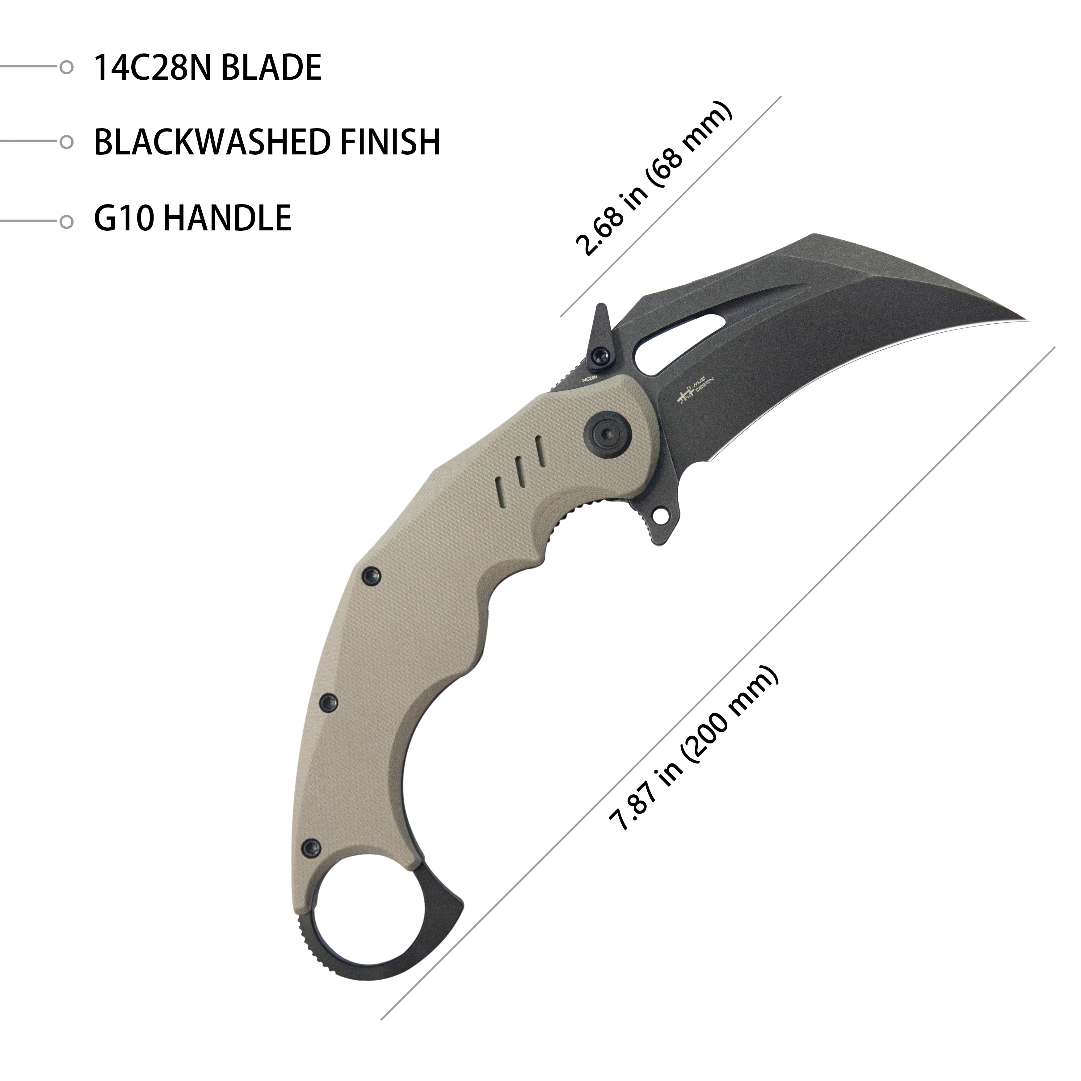Kubey Wrath Karambit Folding Knife Tan G-10 Handle 2.68" Blackwash 14C28N Blade KU261G