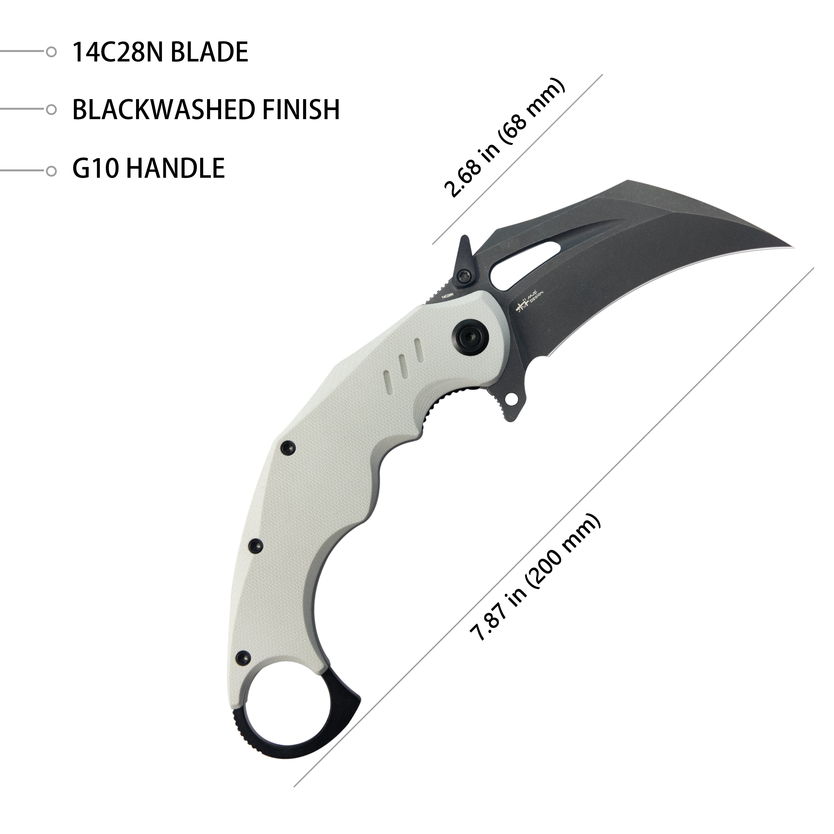 Kubey Wrath Karambit Folding Knife White G-10 Handle 2.68" Blackwash 14C28N Blade KU261J