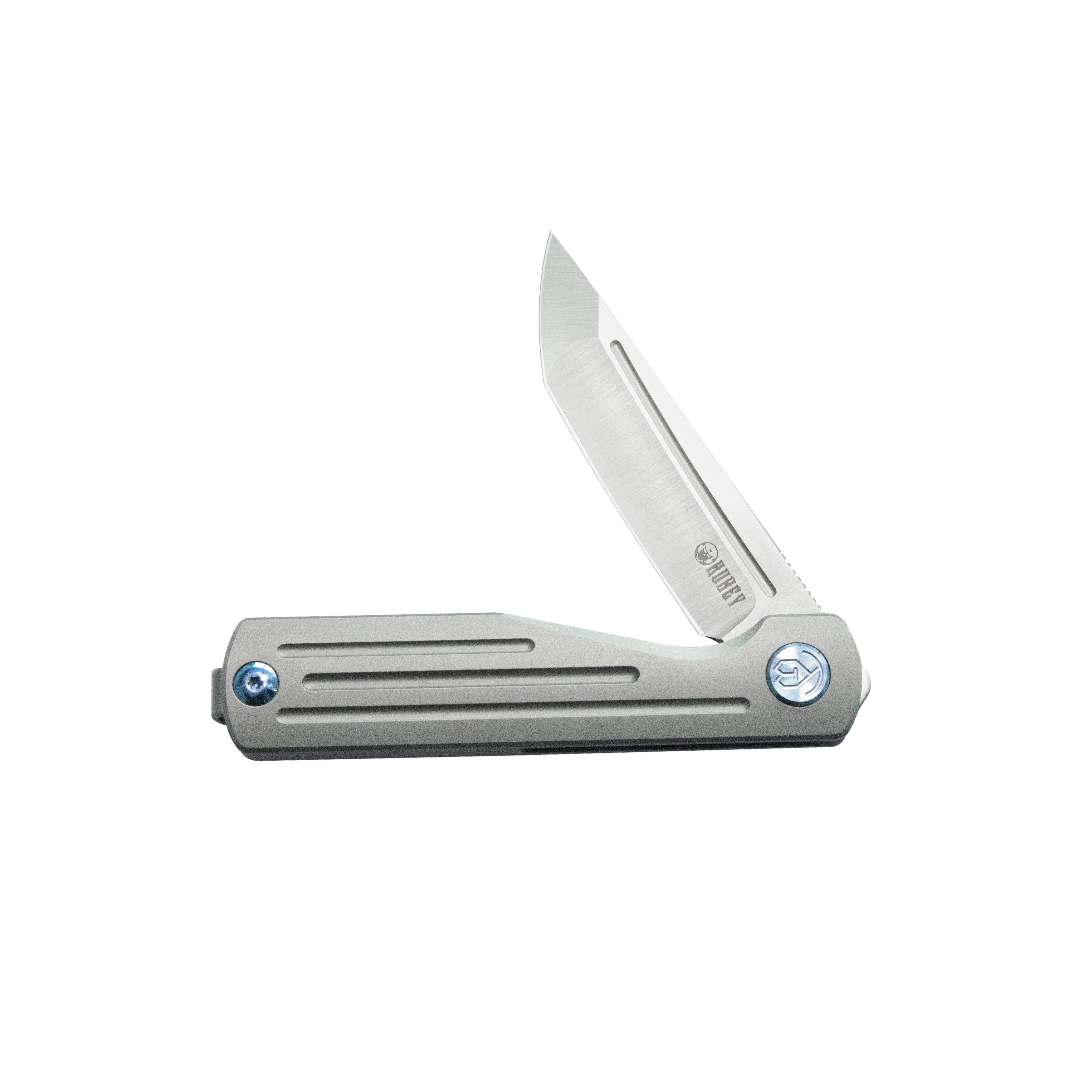 Kubey Musō Flipper Everyday Carry Knife Grey Titanium Handle 2.95" Tanto Belt Satin M390 Blade KB244A