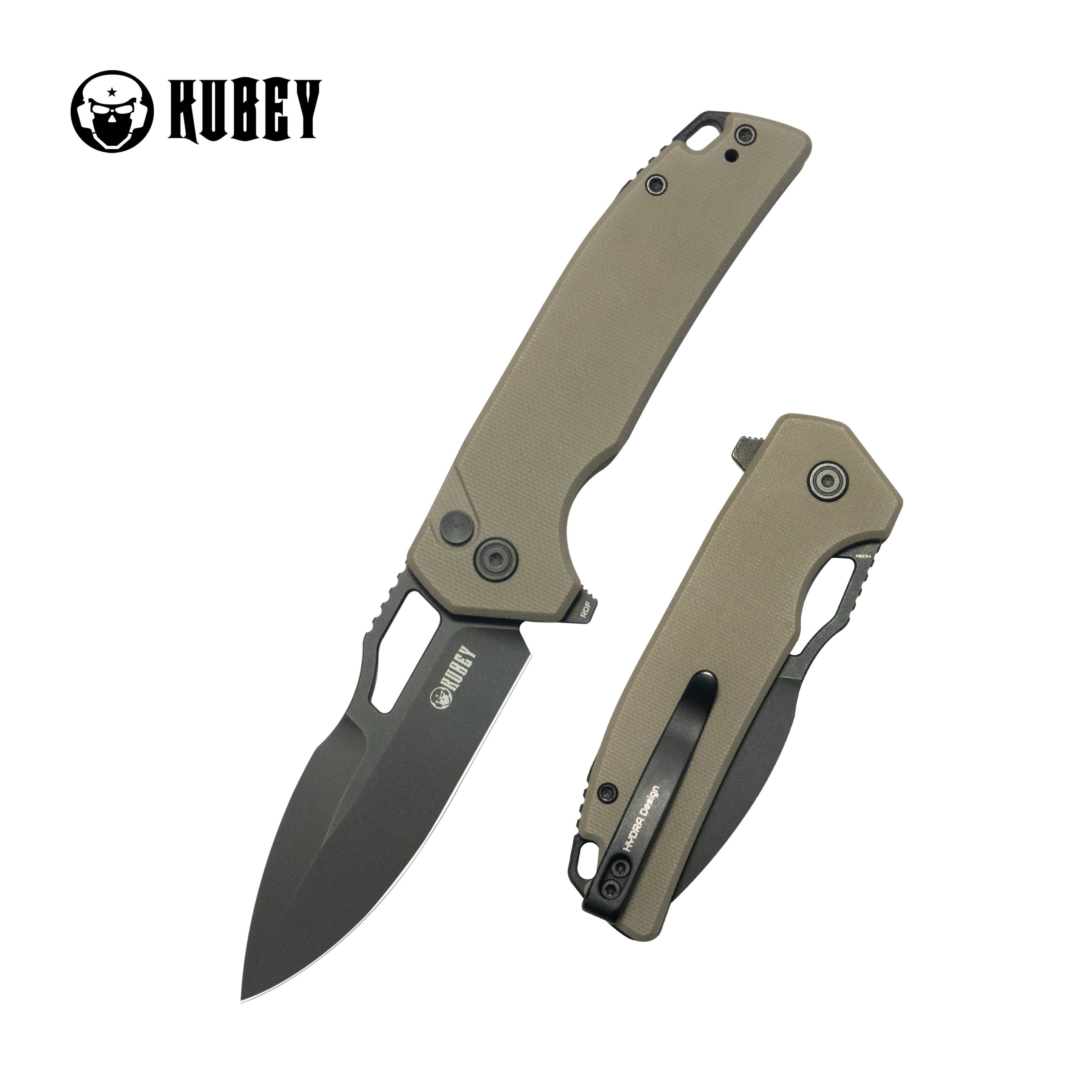 Kubey RDF Pocket Knife Tan G-10 Handle 3.11" Blackwash 14C28N Blade Knife KU316L