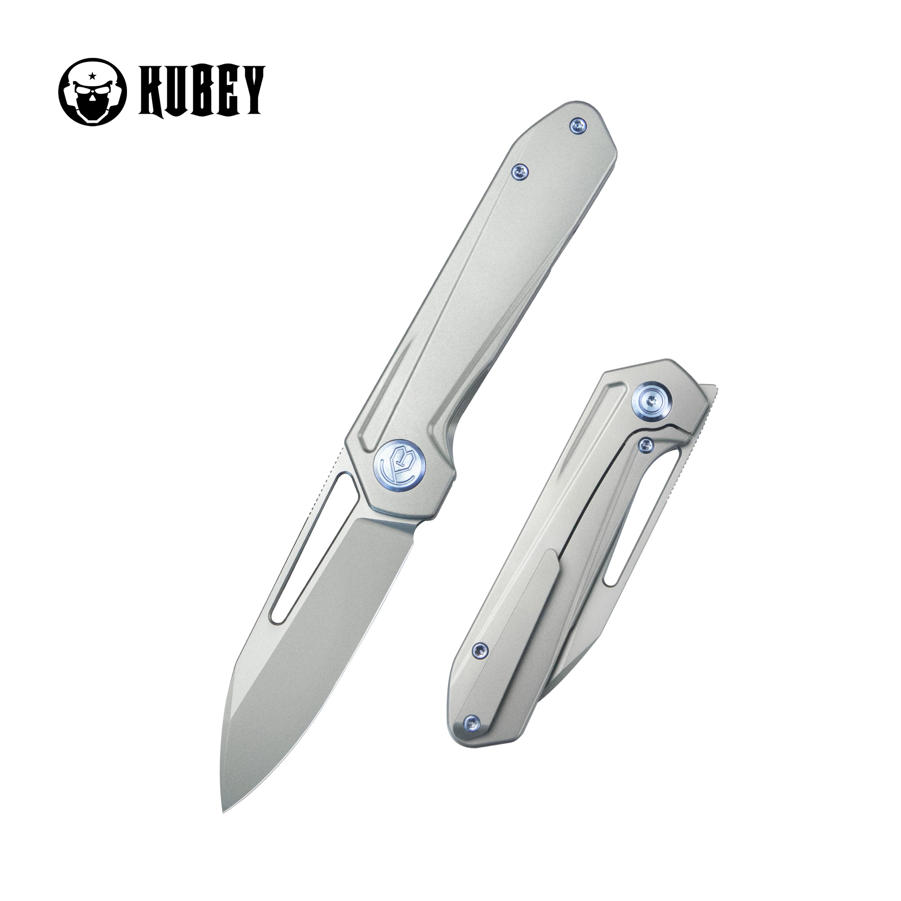 Kubey Royal Frame Lock EDC Pocket Knife Front Flipper Gray 6AL4V Titan
