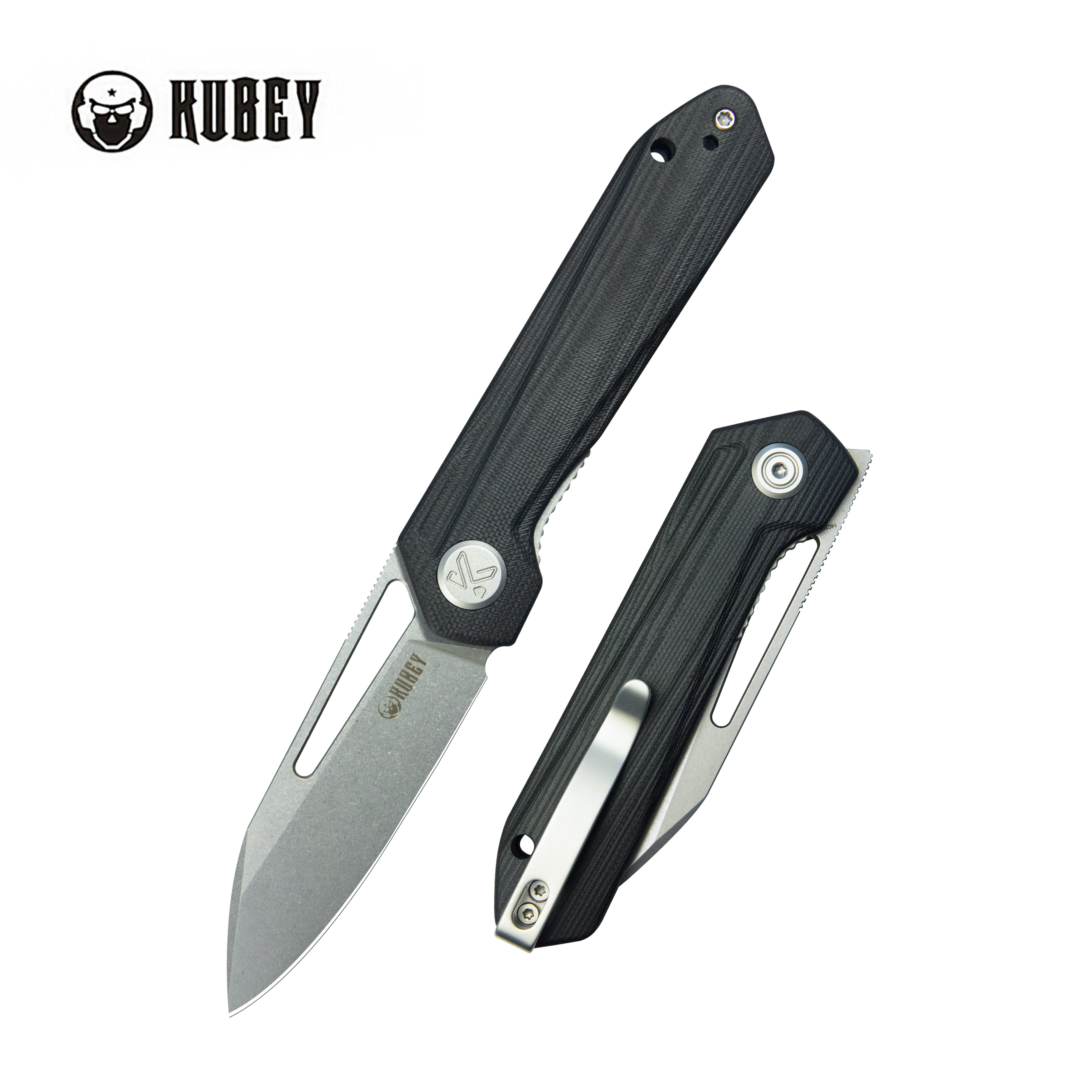Kubey Royal CM Designs EDC Pocket Knife Front Flipper Black G10 Handle 2.99" Stonewash 14C28N KU321P