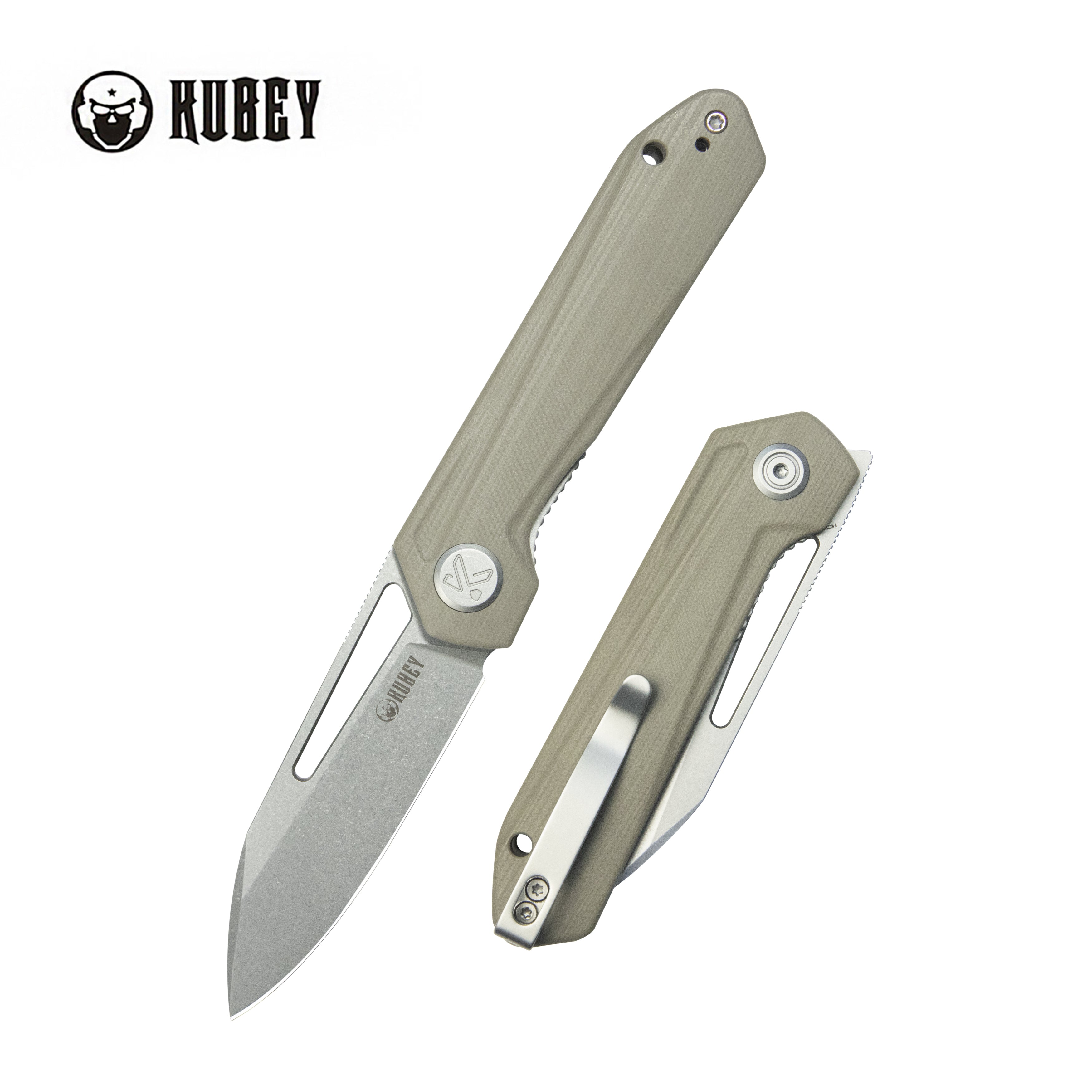 Kubey Royal CM Designs EDC Pocket Knife Front Flipper Tan G10 Handle 2.99" Stonewash 14C28N KU321Q