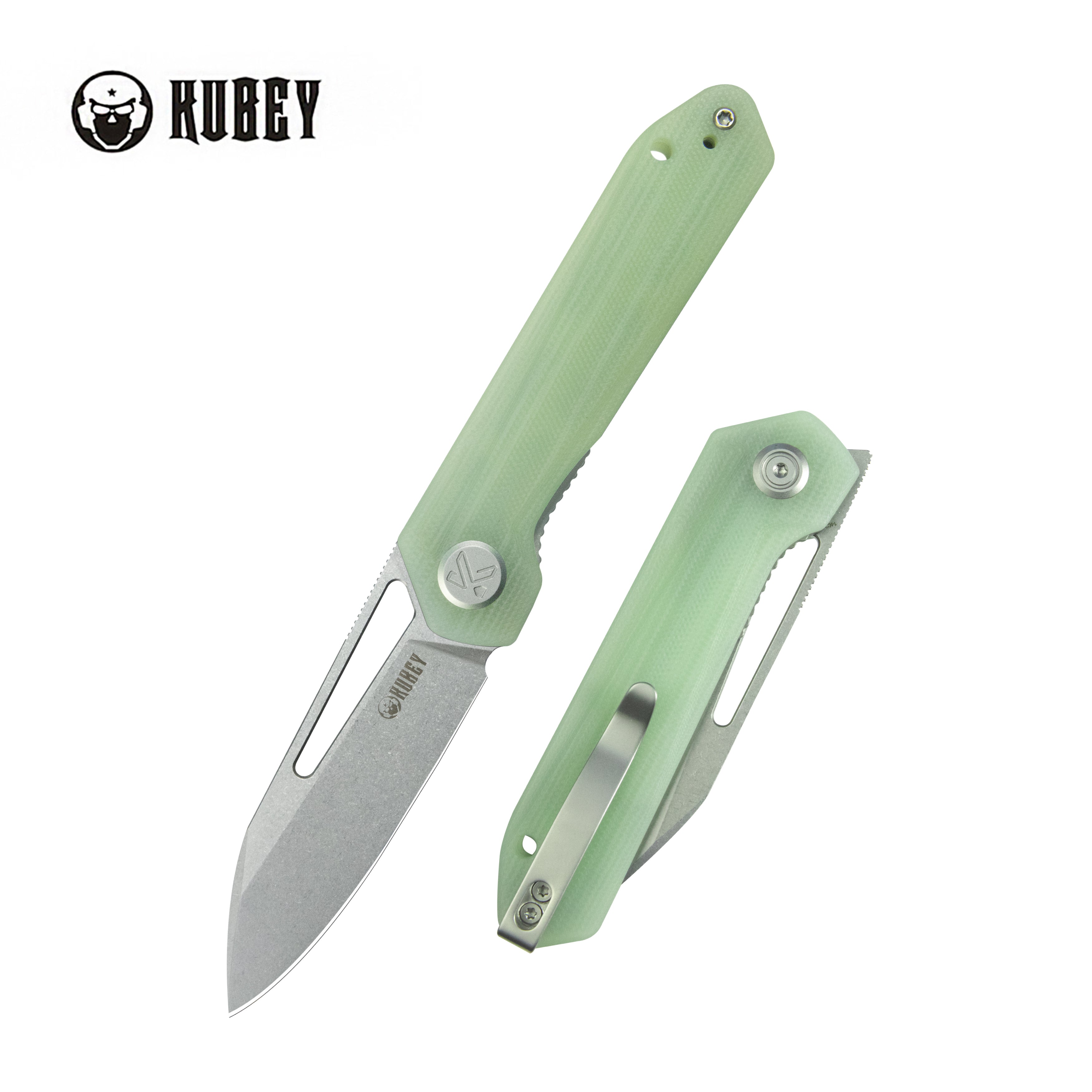 Kubey Royal CM Designs EDC Pocket Knife Front Flipper Jade G10 Handle 2.99" Stonewash 14C28N KU321R