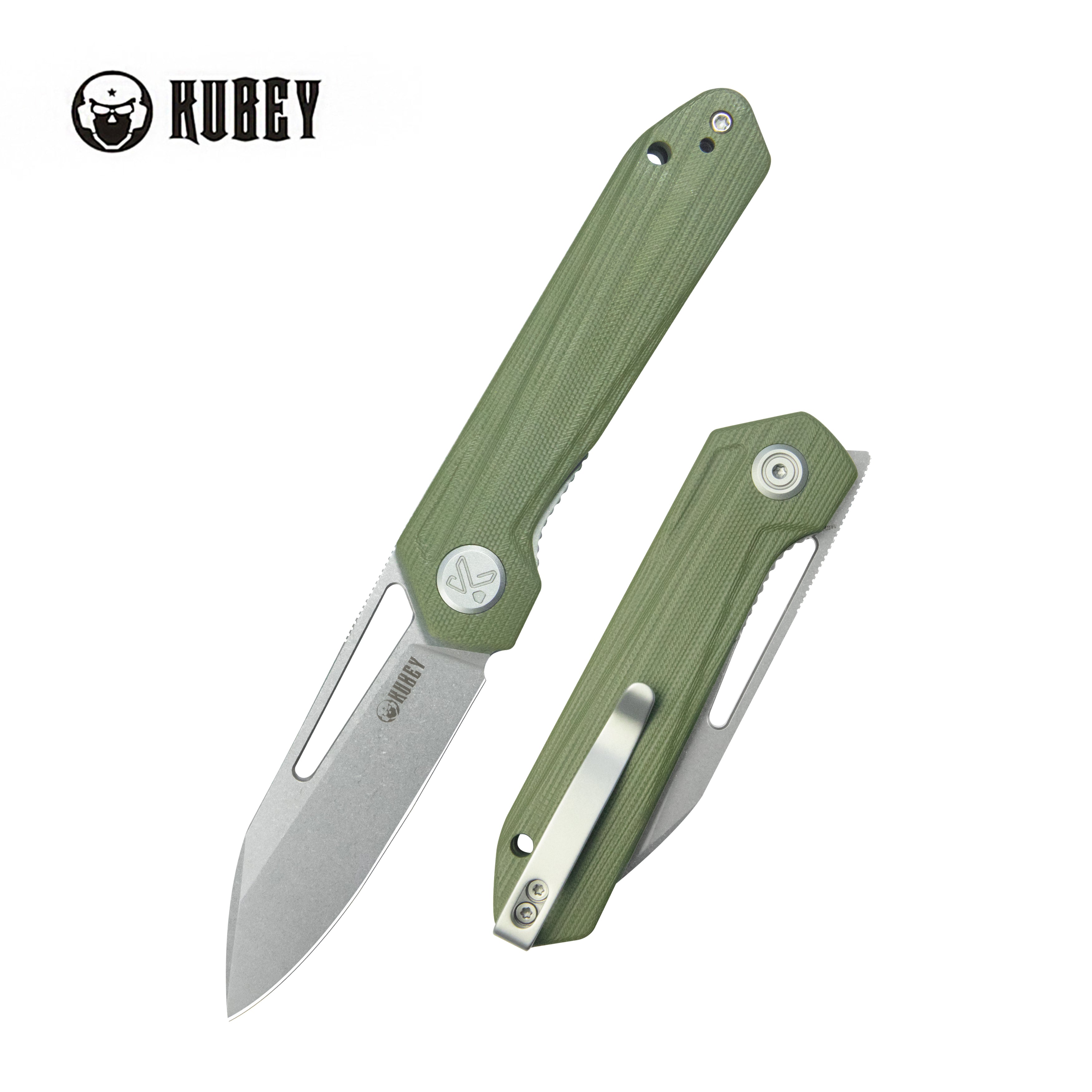 Kubey Royal CM Designs EDC Pocket Knife Front Flipper Green G10 Handle 2.99" Stonewash 14C28N KU321S