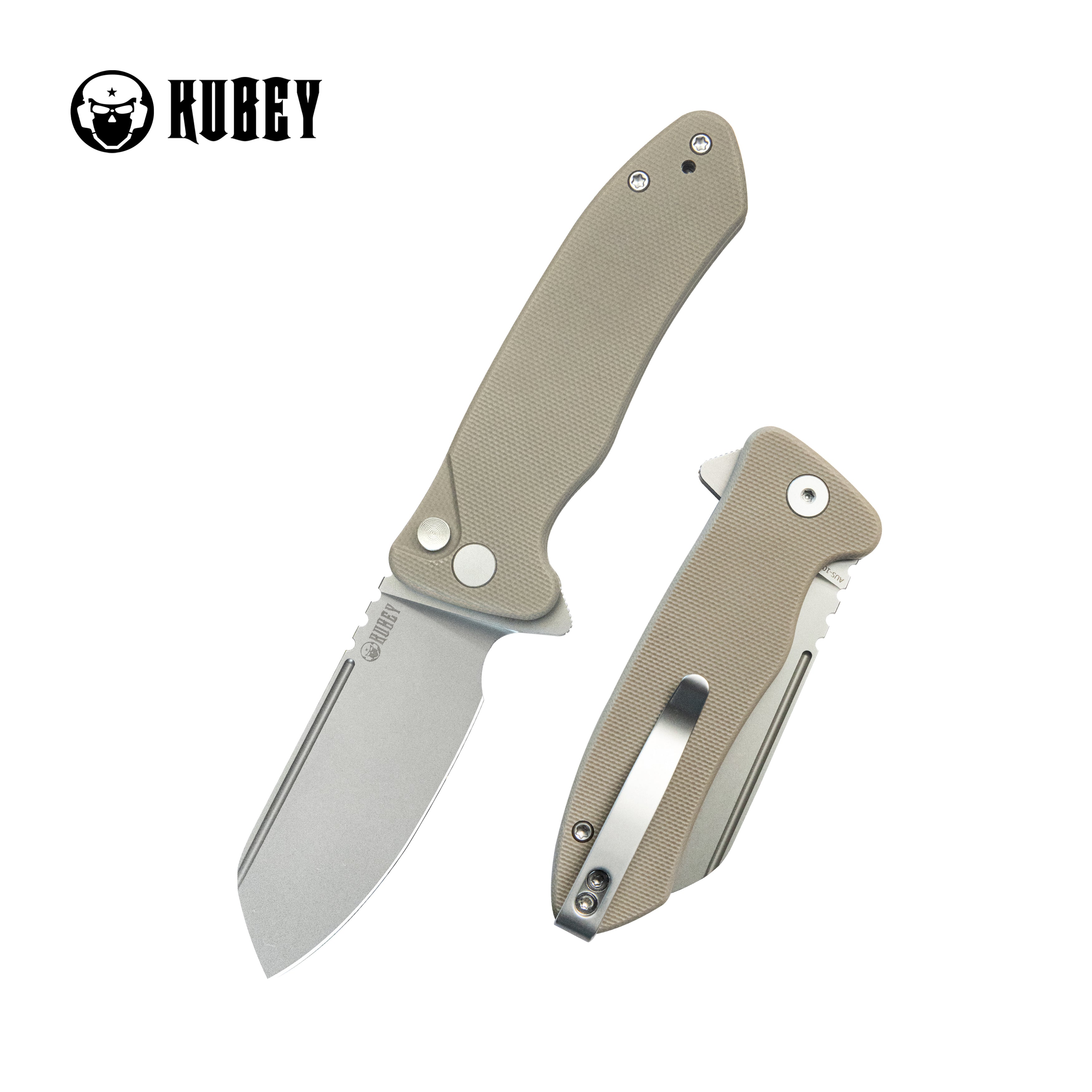 Creon Small Pocket Knife with Button Lock Tan G10 Handle 2.87" Beadblast AUS-10 KU336K