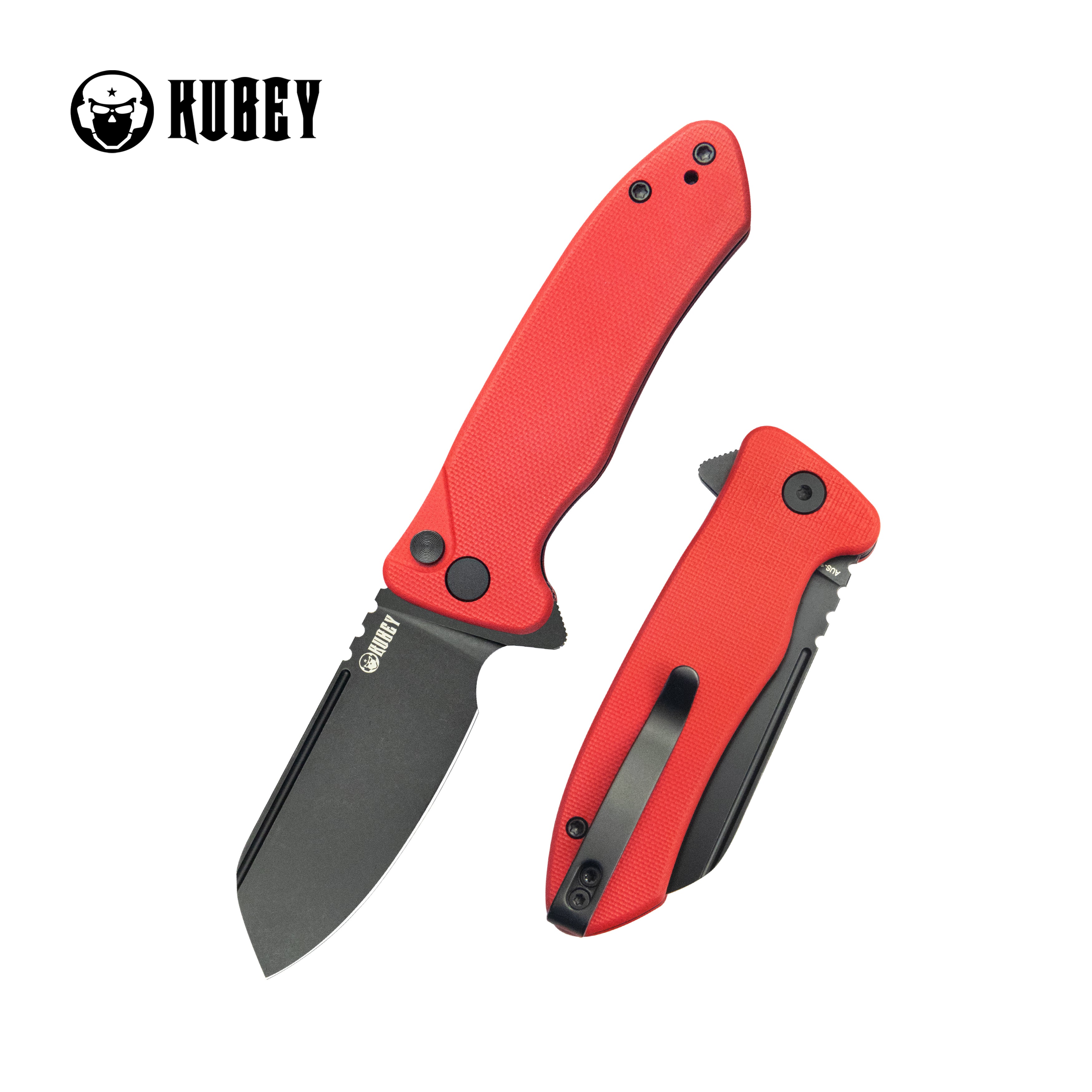 Creon Small Pocket Knife with Button Lock Red G10 Handle 2.87" Blackwash AUS-10 KU336H