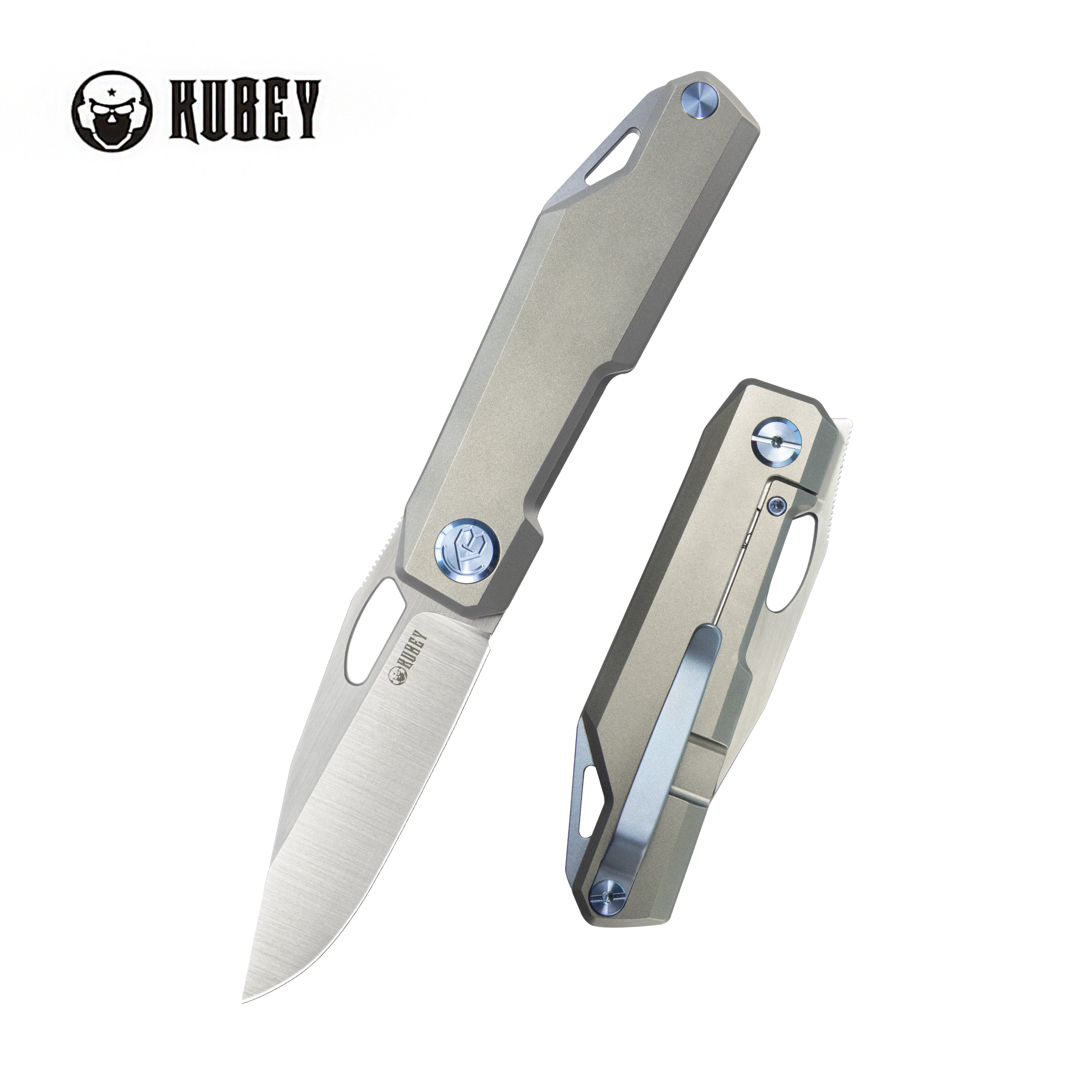 Kubey Verijero Fronter Flipper Pocket Folding Knife Grey 6AL4V Titanium Handle 3.35" Belt Satin 14C28N KB340A