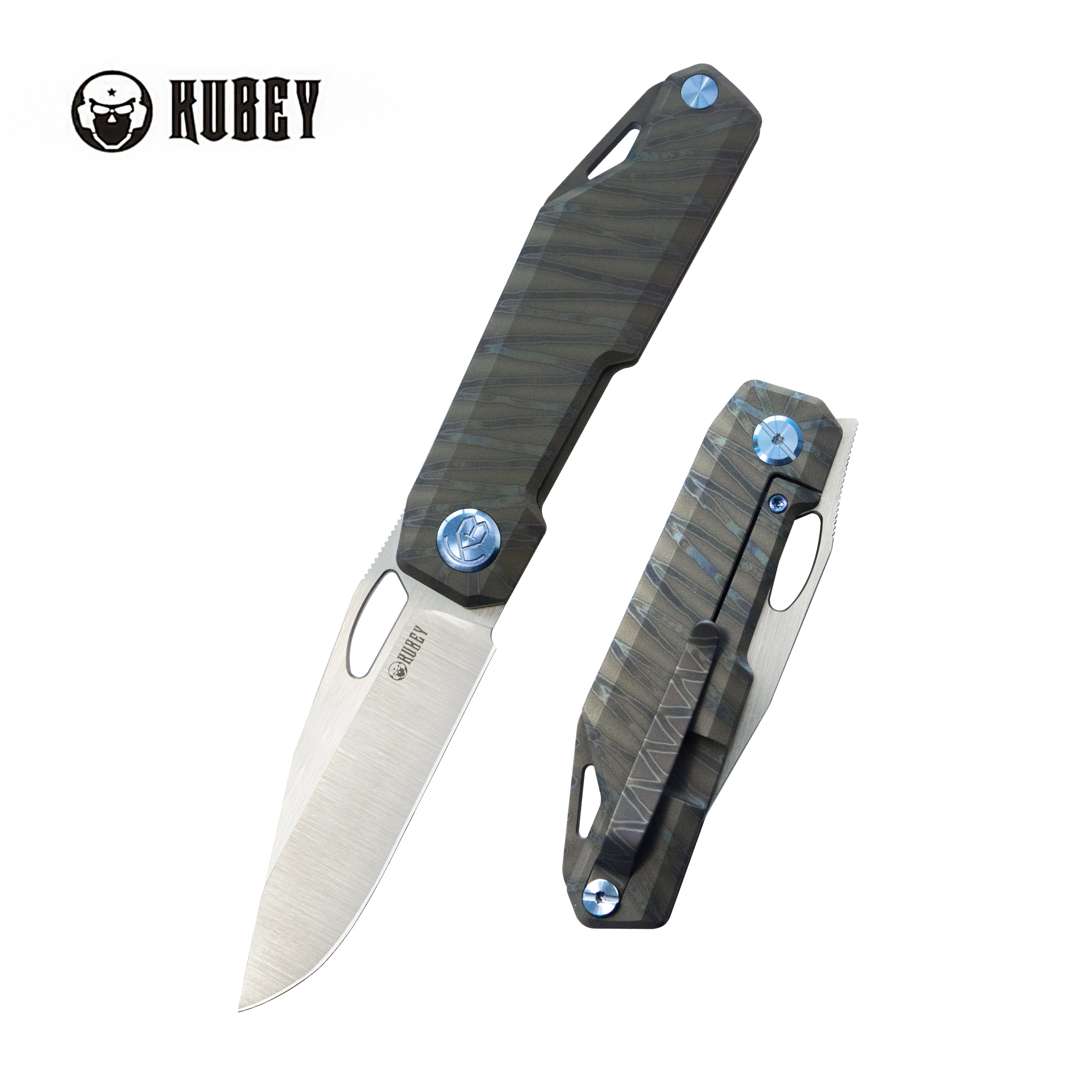 Kubey Verijero Fronter Flipper Pocket Folding Knife Flame 6AL4V Titanium Handle 3.35" Belt Satin 14C28N KB340C