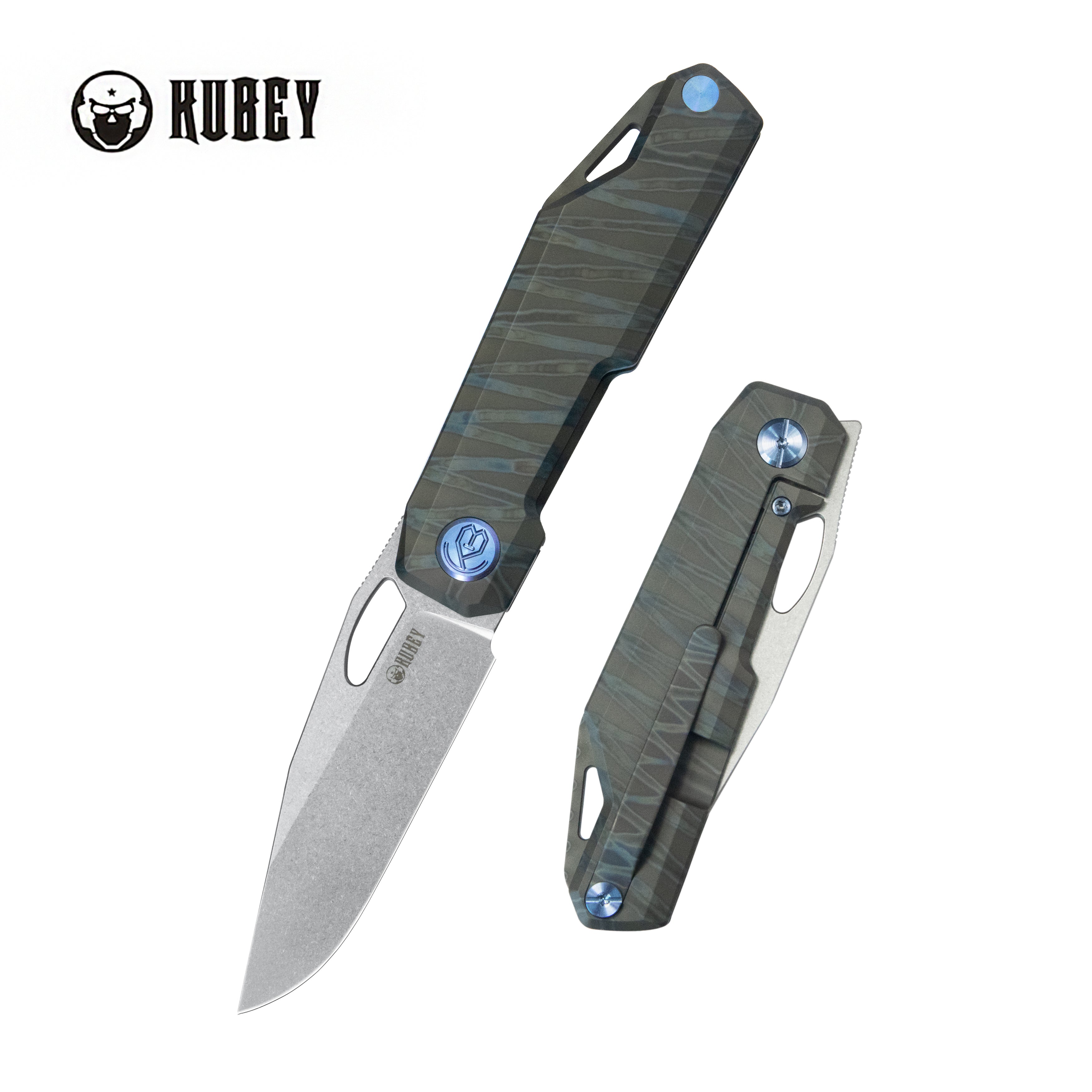 Kubey Verijero Fronter Flipper Pocket Folding Knife Flame 6AL4V Titanium Handle 3.35" Stonewashed 14C28N KB340F