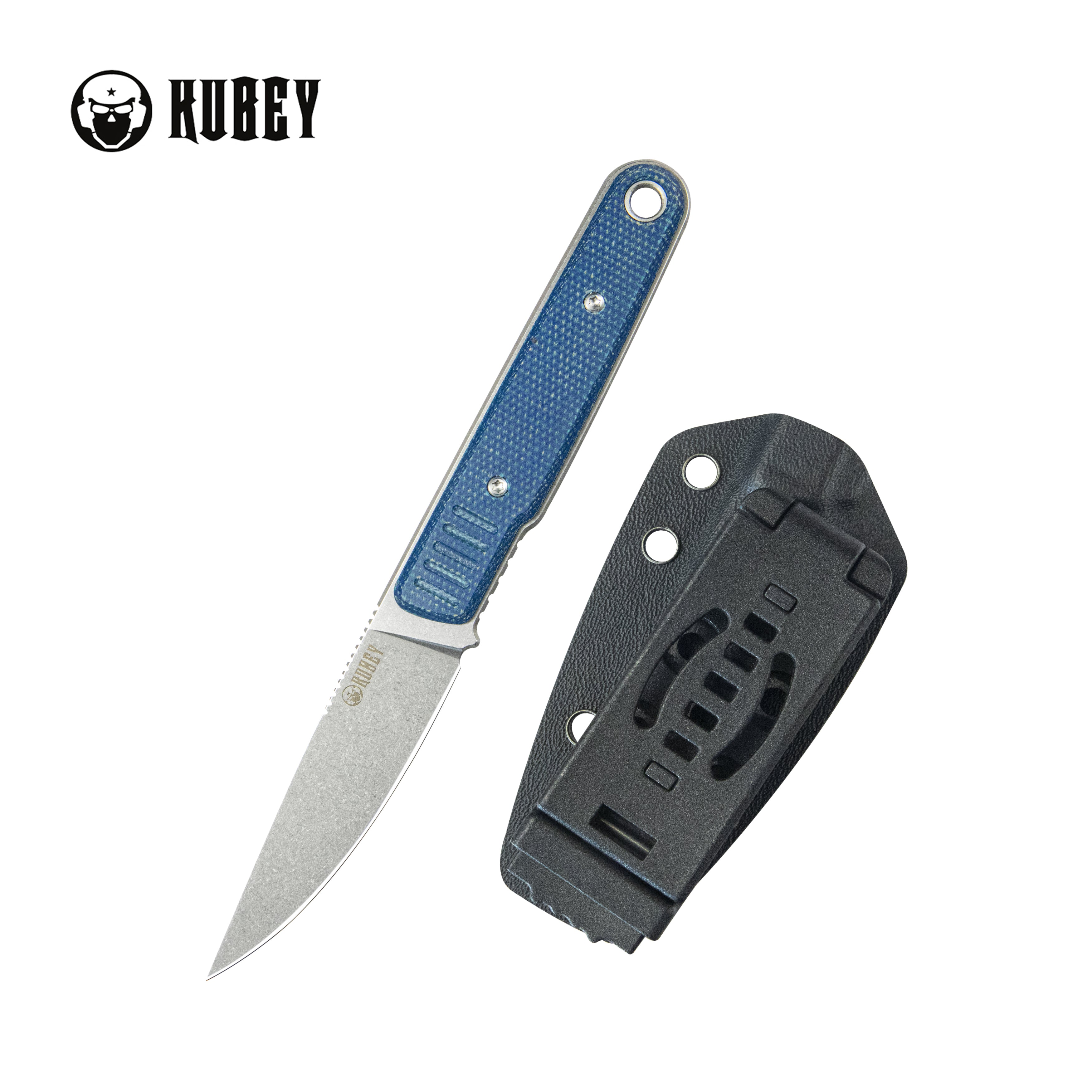 Kubey JL Drop Point Fixie Everyday Carry Fixed Blade Knife Blue Micarta Handle 3.11" Beadblast 14C28N KU356B