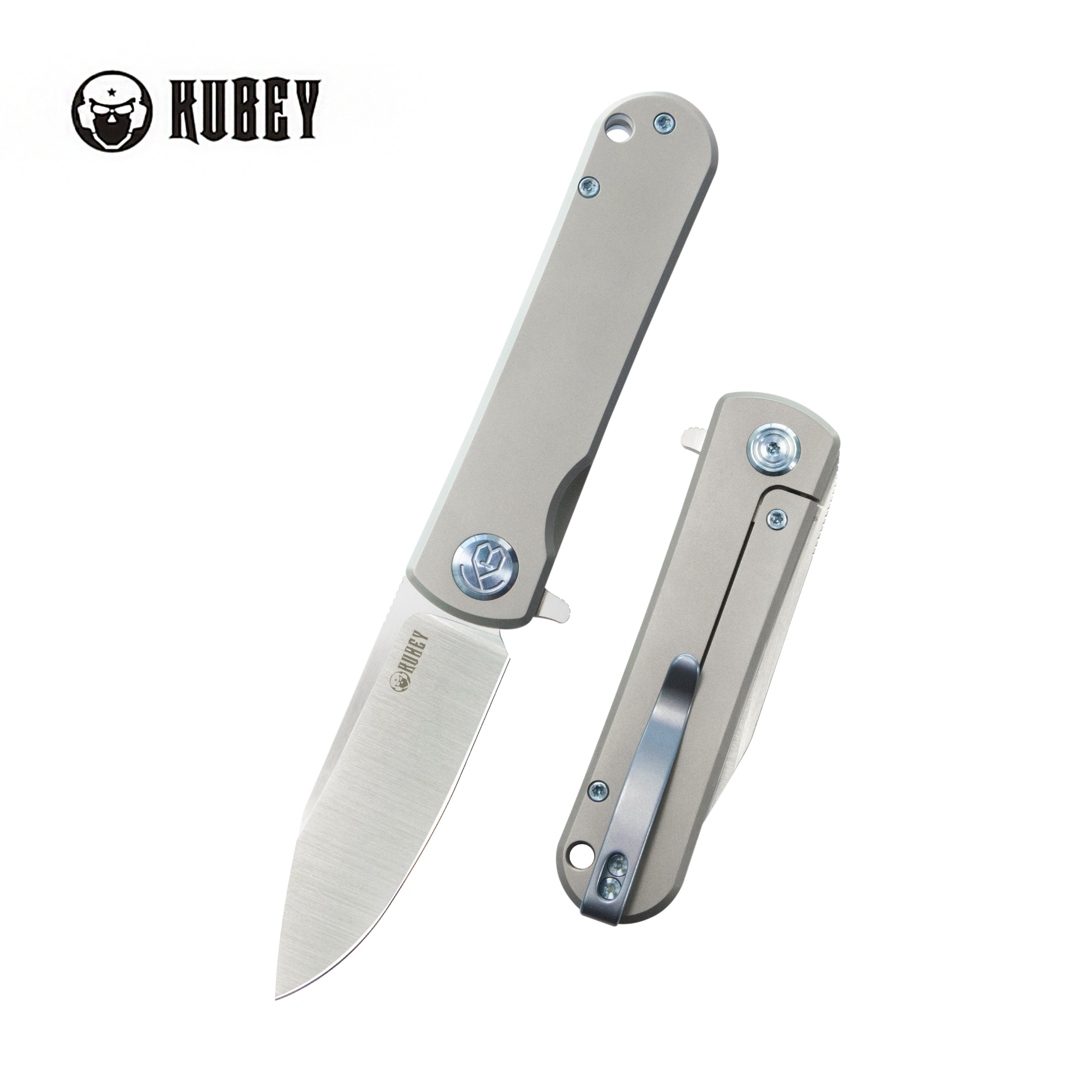 Kubey NEO Flipper Folding Pocket Knife Grey Titanium Handle 2.99" Belt Satin S35VN Blade KB359A