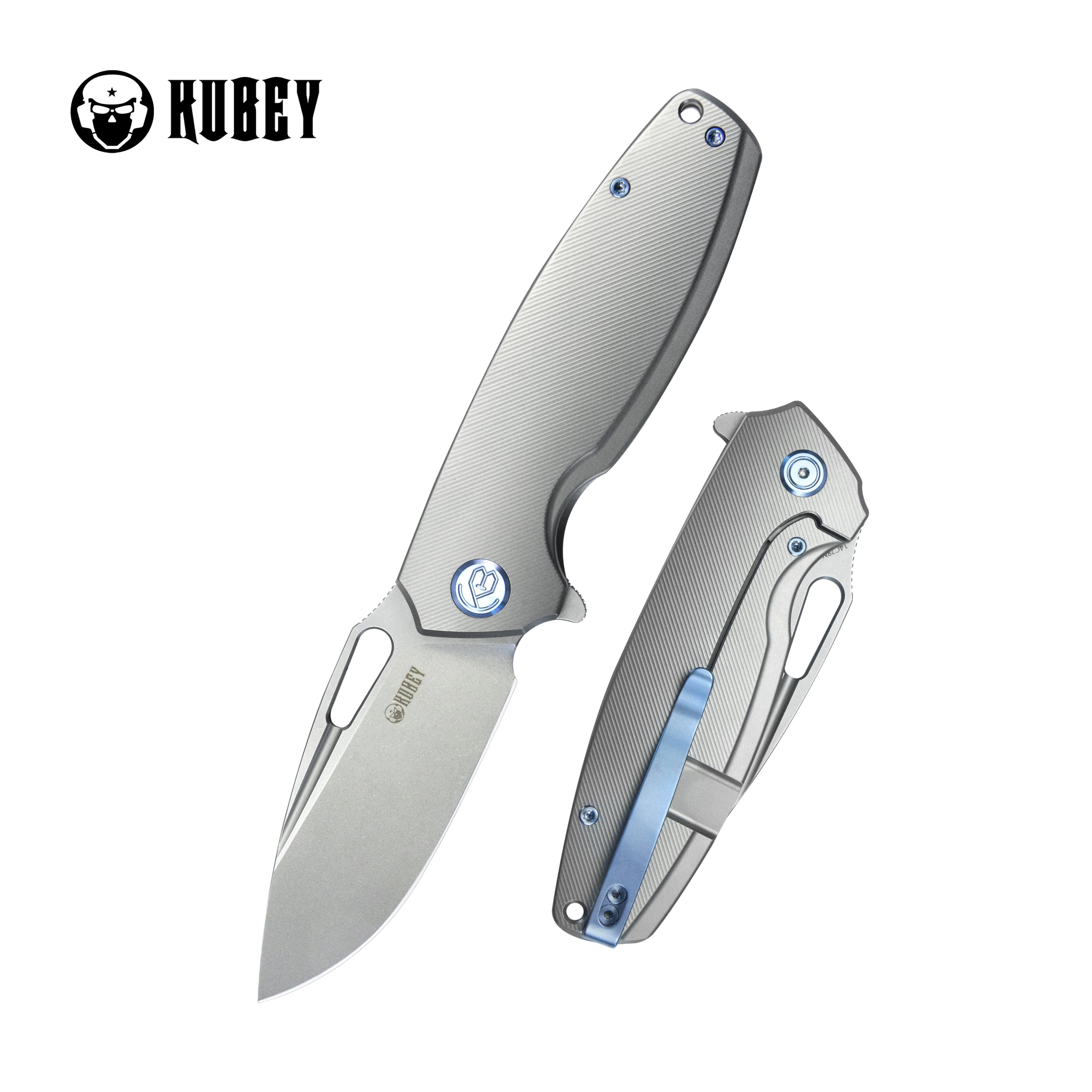 Kubey Tityus Frame Lock Flipper Folding Knife Gray 6AL4V Contoured Titanium Handle 3.39" Bead Blasted 14C28N KB360A