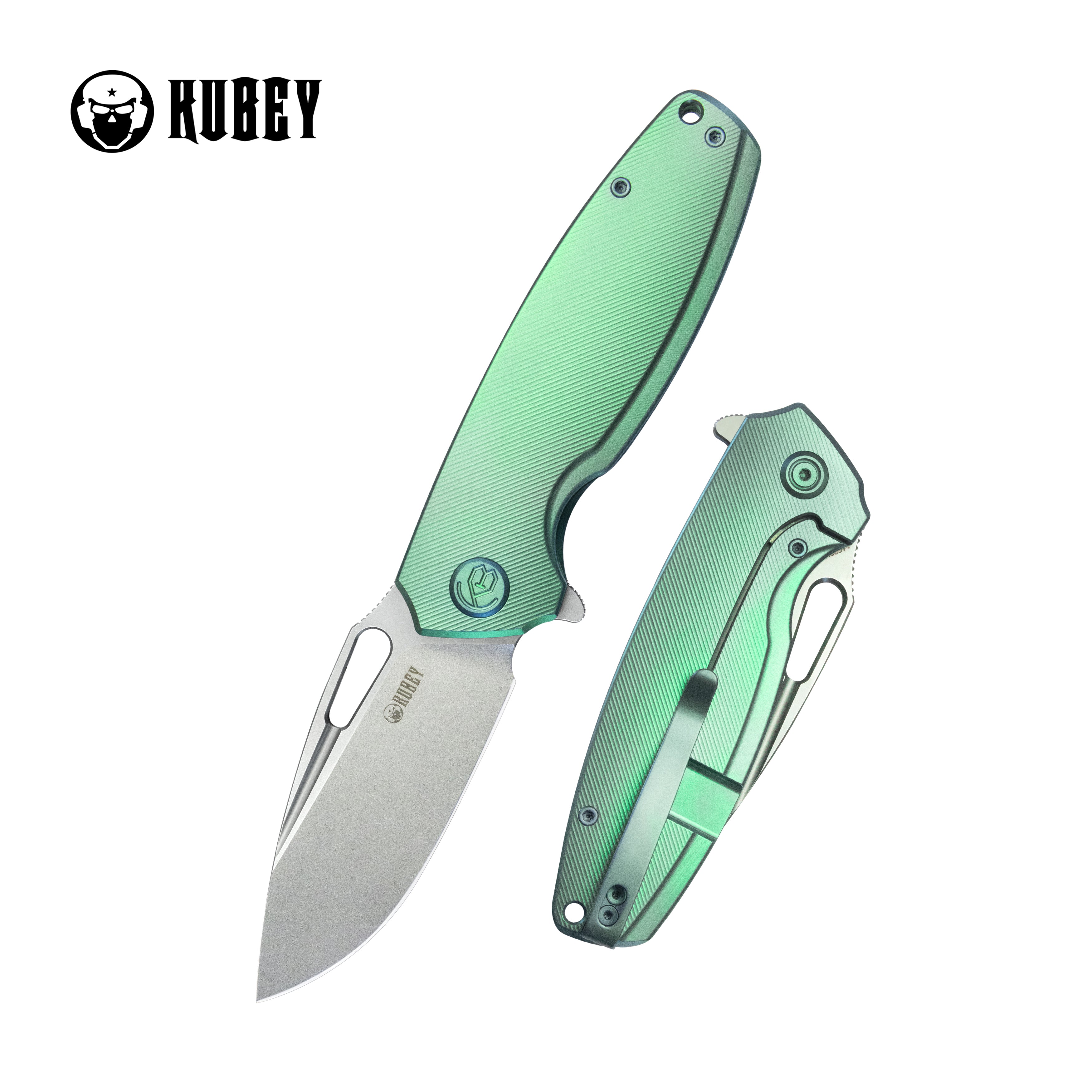 Kubey Tityus Frame Lock Flipper Folding Knife Green 6AL4V Contoured Titanium Handle 3.39" Bead Blasted 14C28N KB360B