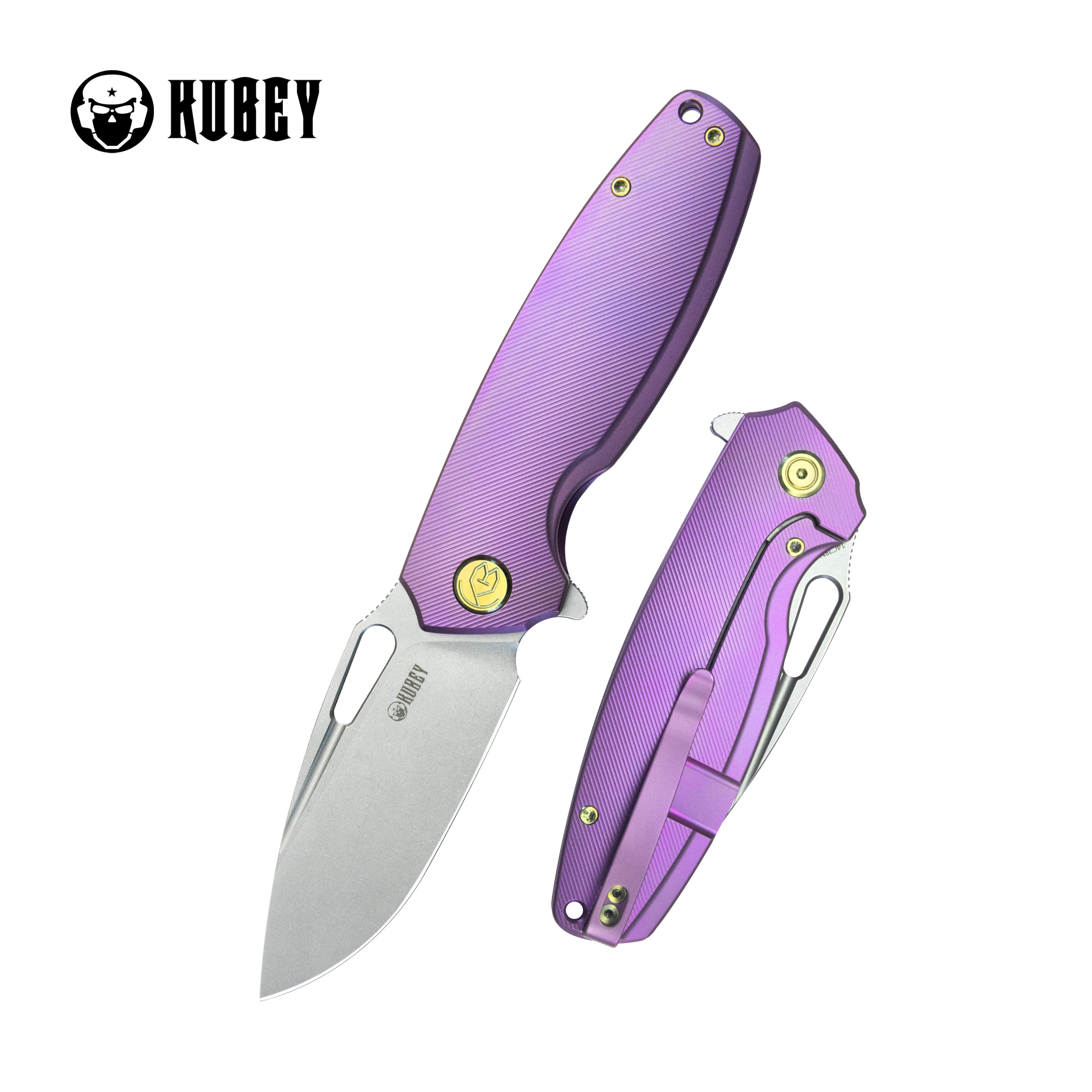Kubey Tityus Frame Lock Flipper Folding Knife Purple 6AL4V Contoured Titanium Handle 3.39" Bead Blasted 14C28N KB360C