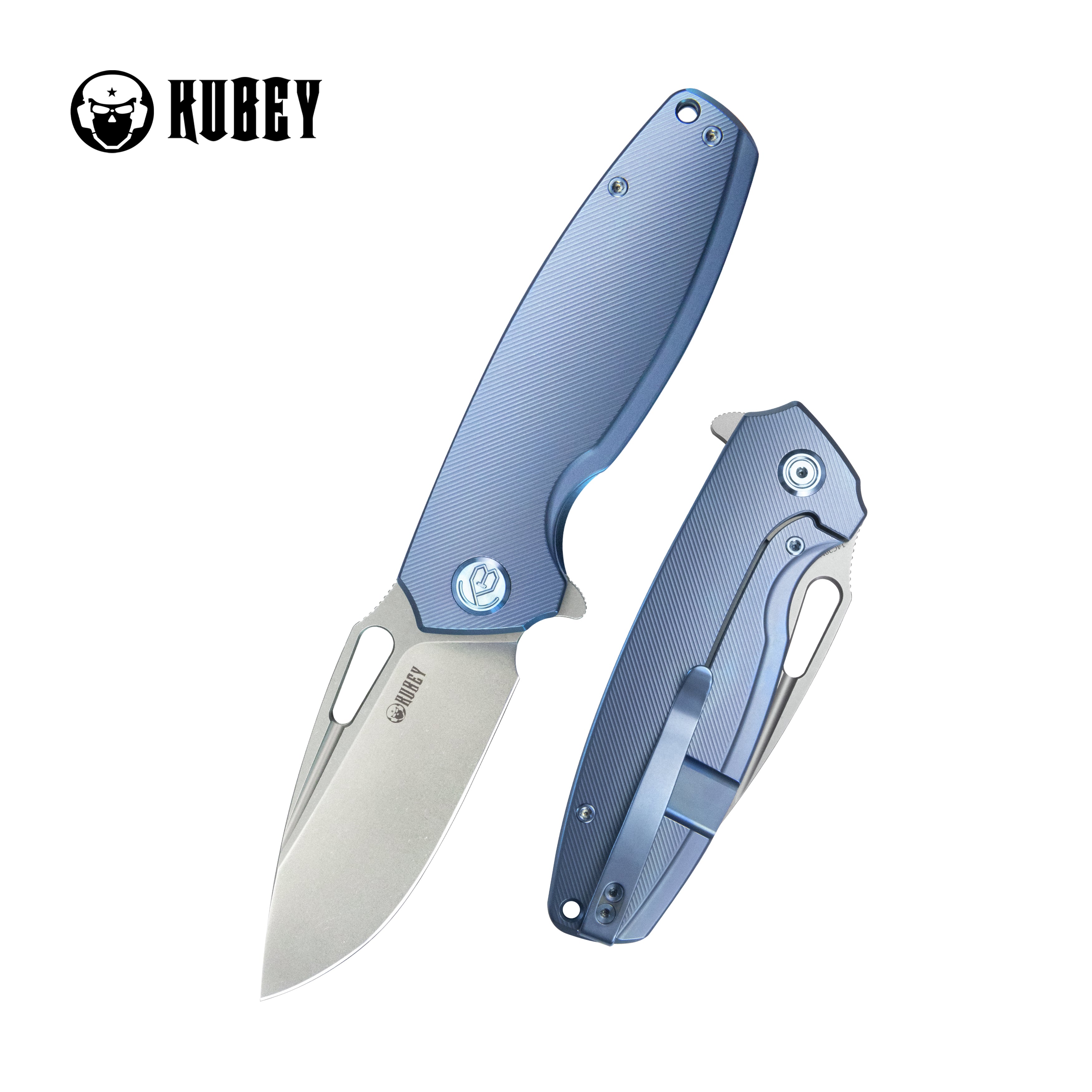 Kubey Tityus Frame Lock Flipper Folding Knife Blue 6AL4V Contoured Titanium Handle 3.39" Bead Blasted 14C28N KB360D