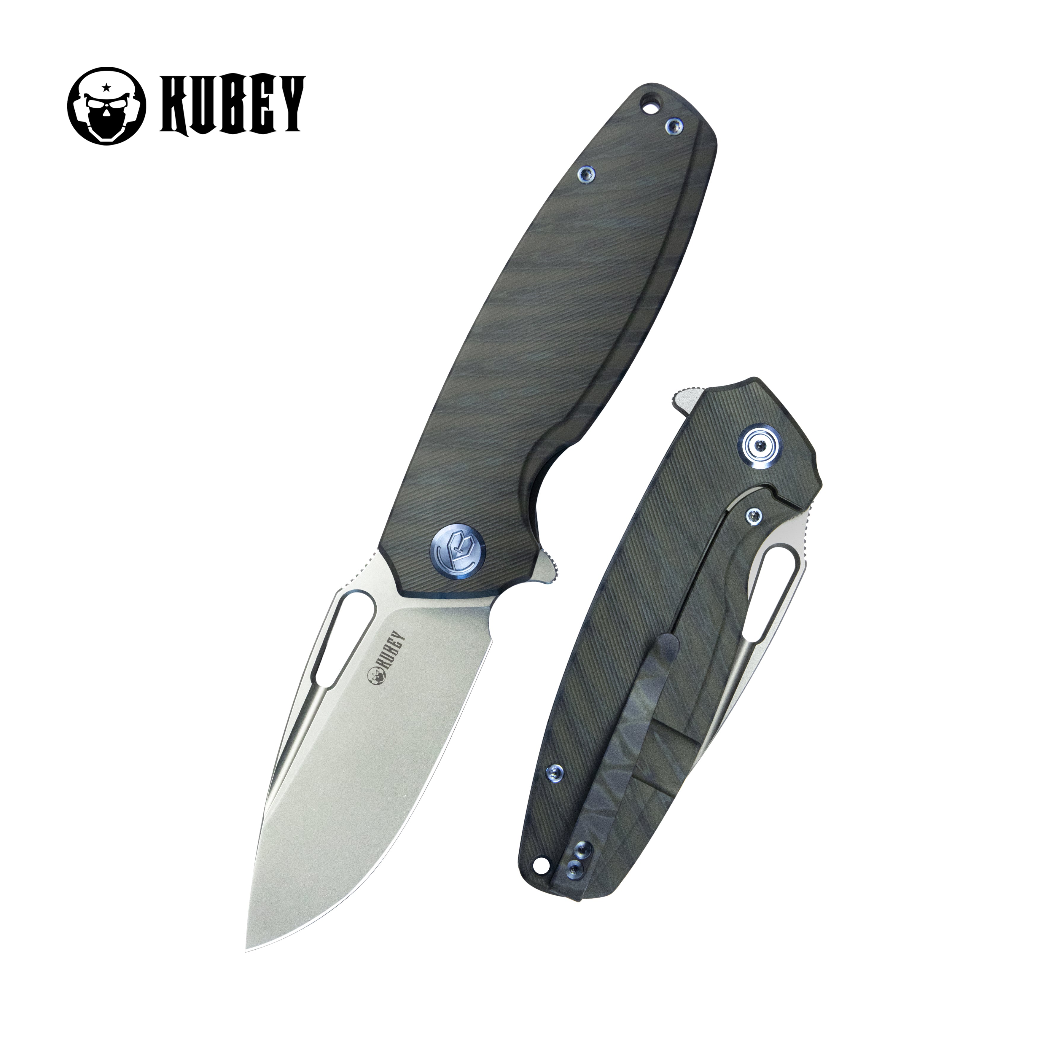 Kubey Tityus Frame Lock Flipper Folding Knife Flame 6AL4V Contoured Titanium Handle 3.39" Bead Blasted 14C28N KB360E