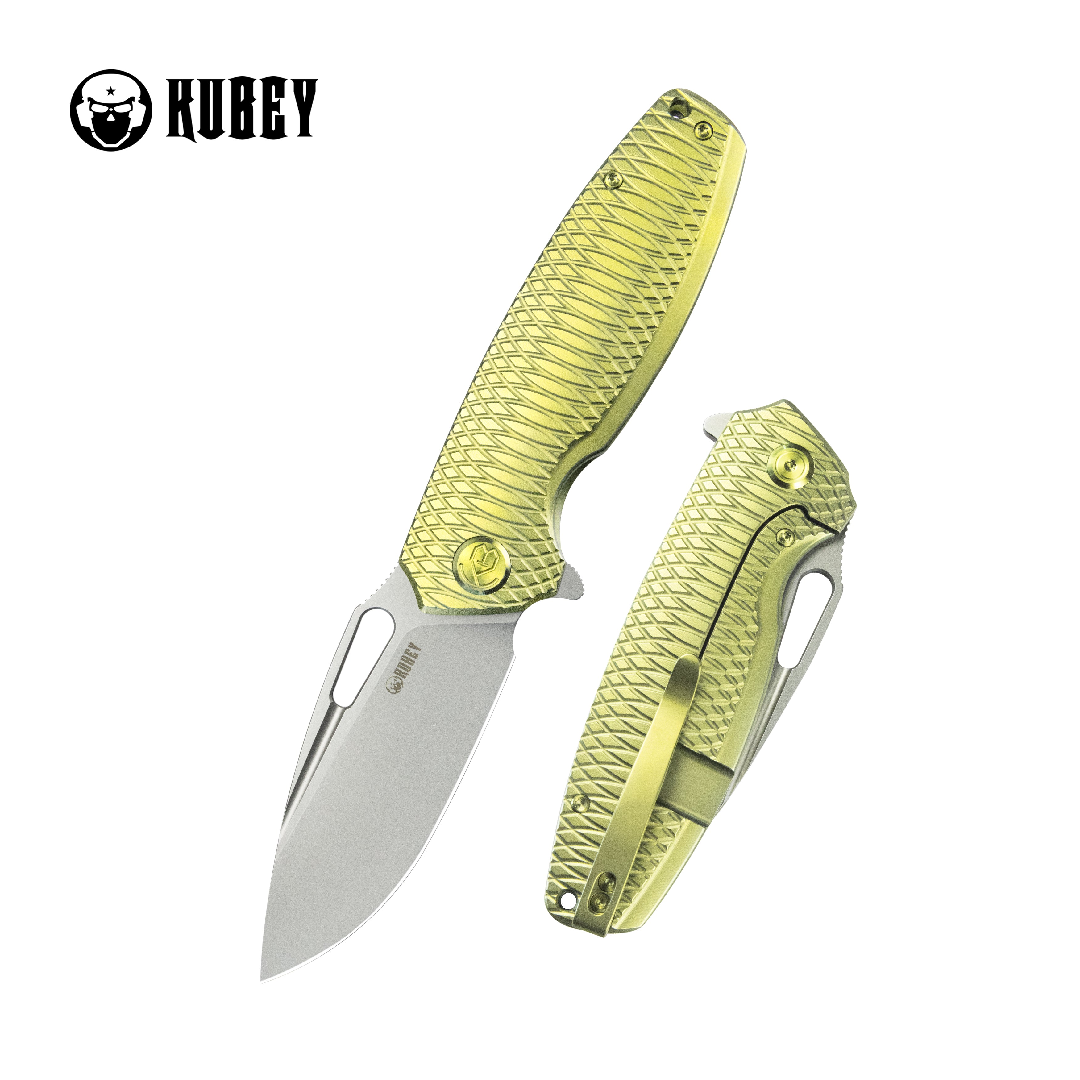 Kubey Tityus Frame Lock Flipper Folding Knife Gold Pattern Titanium Handle 3.39" Beadblast 14C28N KB360G