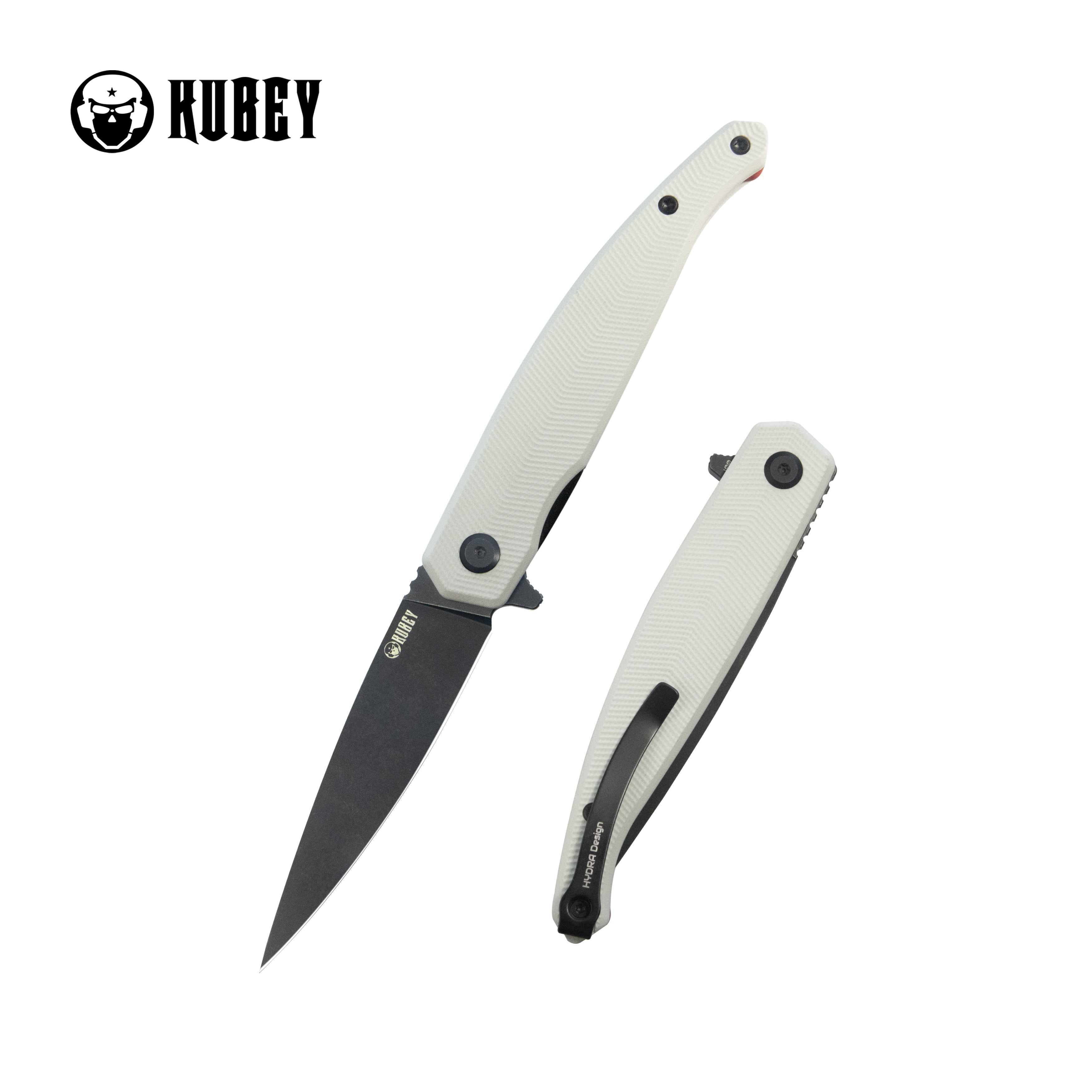 Kubey MOS Outdoor Flipper Folding Knife White G-10 Handle 3.27" Blackwash 14C28N Blade KU361B