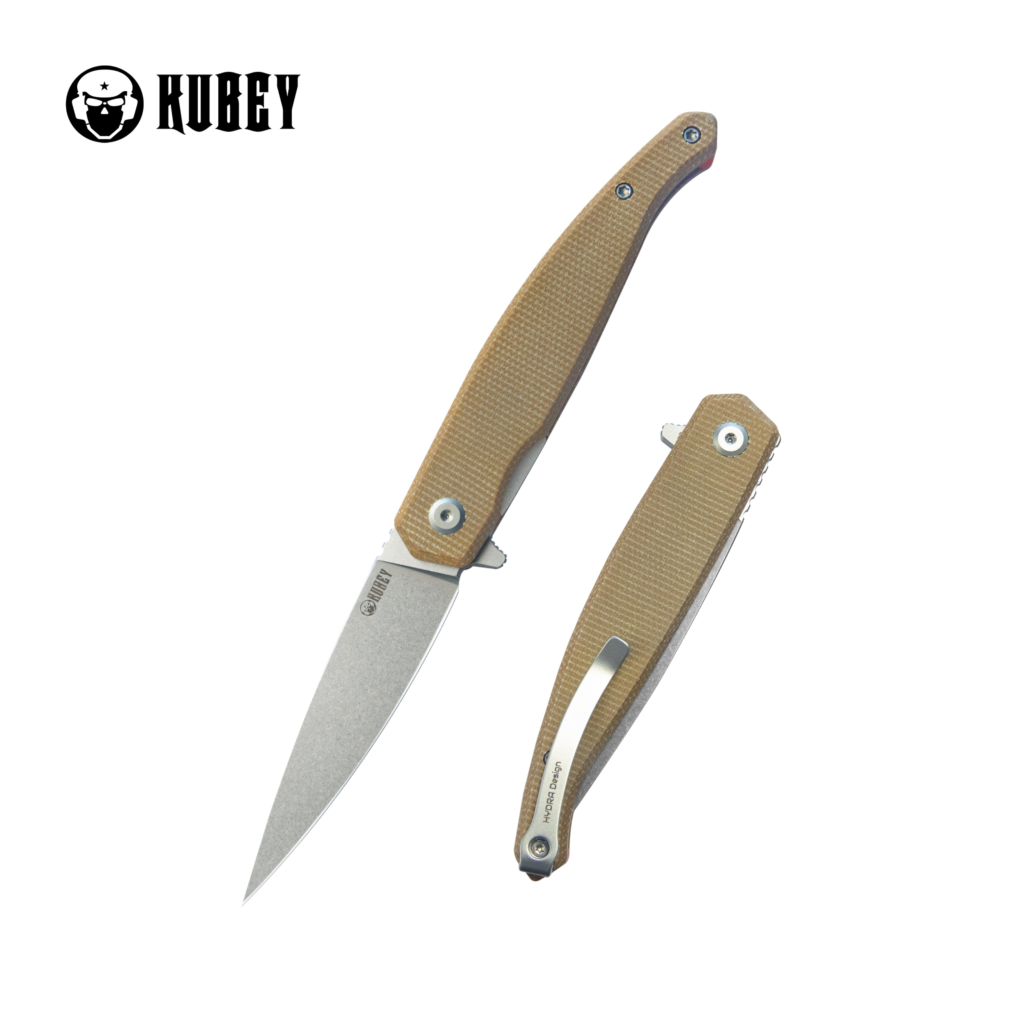 Kubey MOS Outdoor Flipper Folding Knife Tan Micarta Handle 3.27" Stonewash 14C28N Blade KU361C