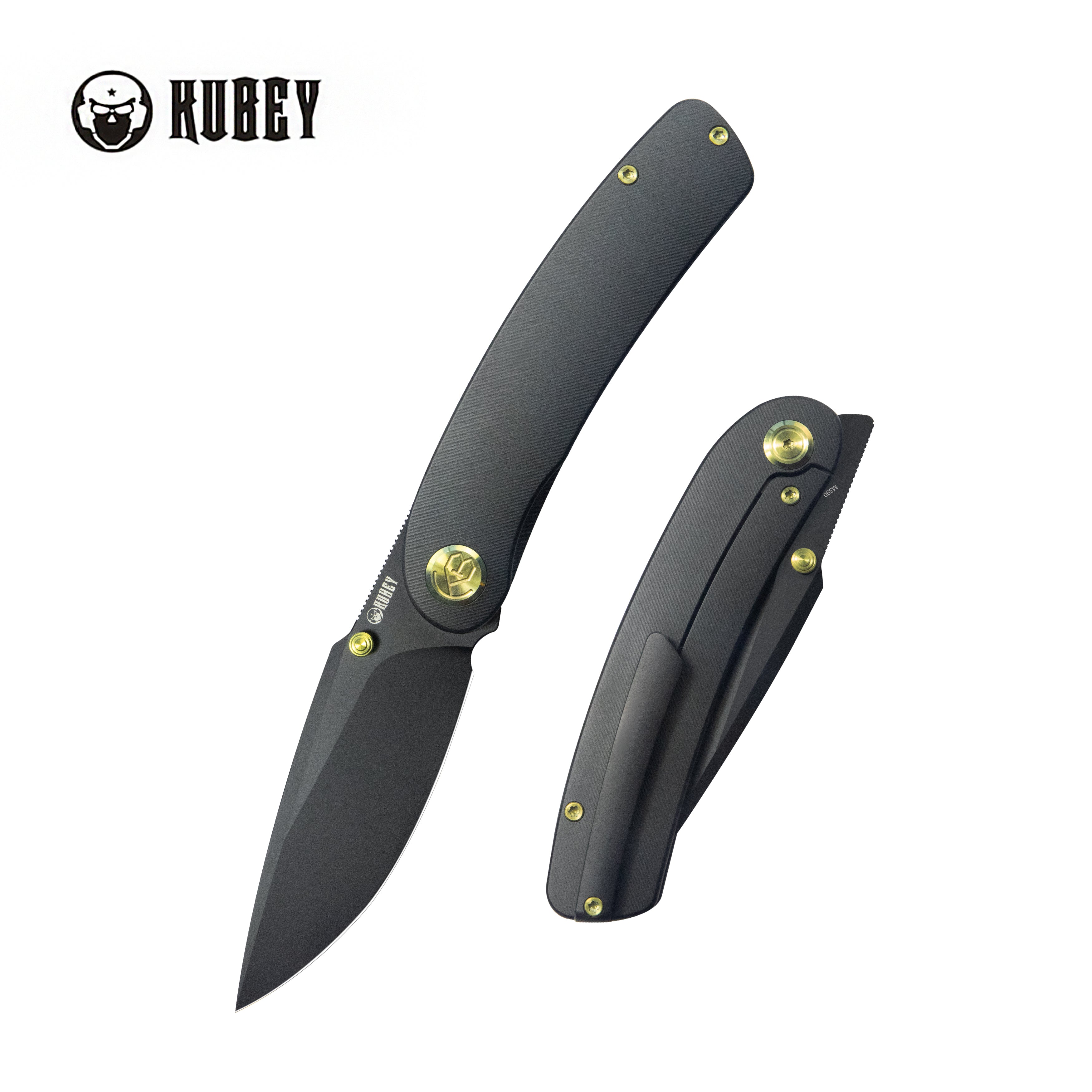 Kubey Momentum Frame Lock Front Flipper Pocket Folding Knife Black Titanium Handle 3.43" Blackwash M390 KB386B