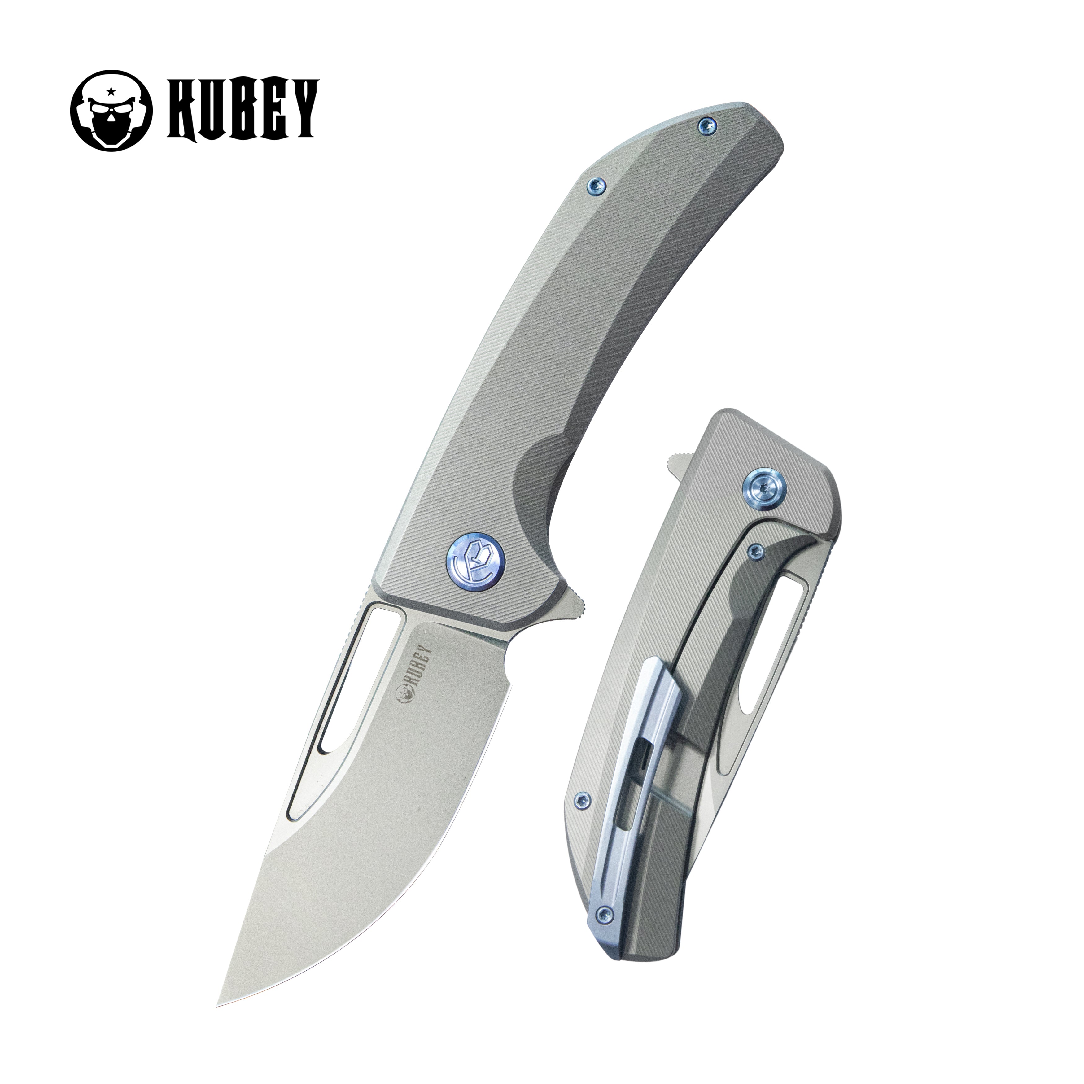 Kubey Hyperion Frame Lock Flipper Knife Grey Titanium Handle w/ Micro Milling Lines 3.5" Sandblast CPM-S35VN KB368G