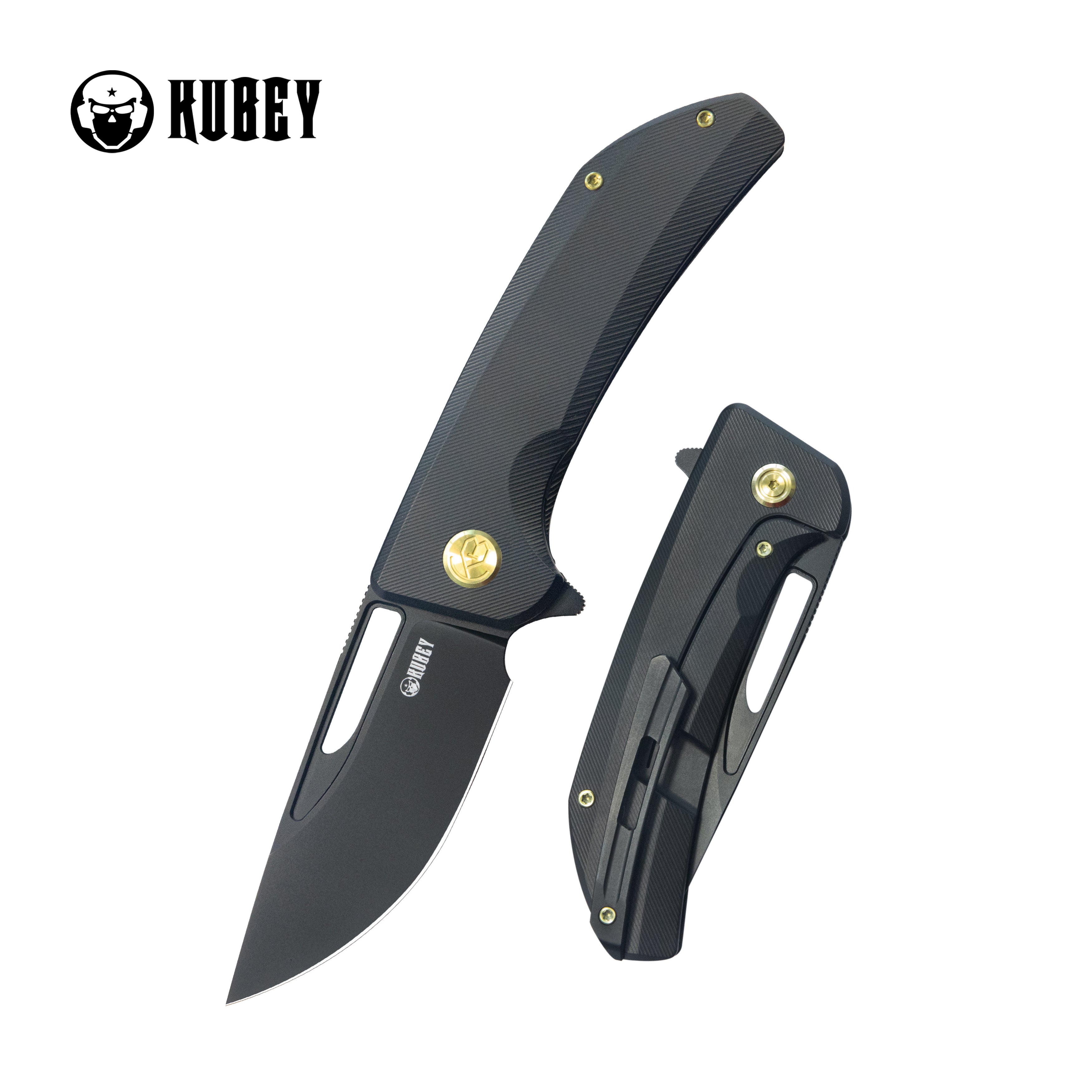 Kubey Hyperion Frame Lock Flipper Knife Black Titanium Handle w/ Micro Milling Lines 3.5" Blackwash CPM-S35VN KB368H