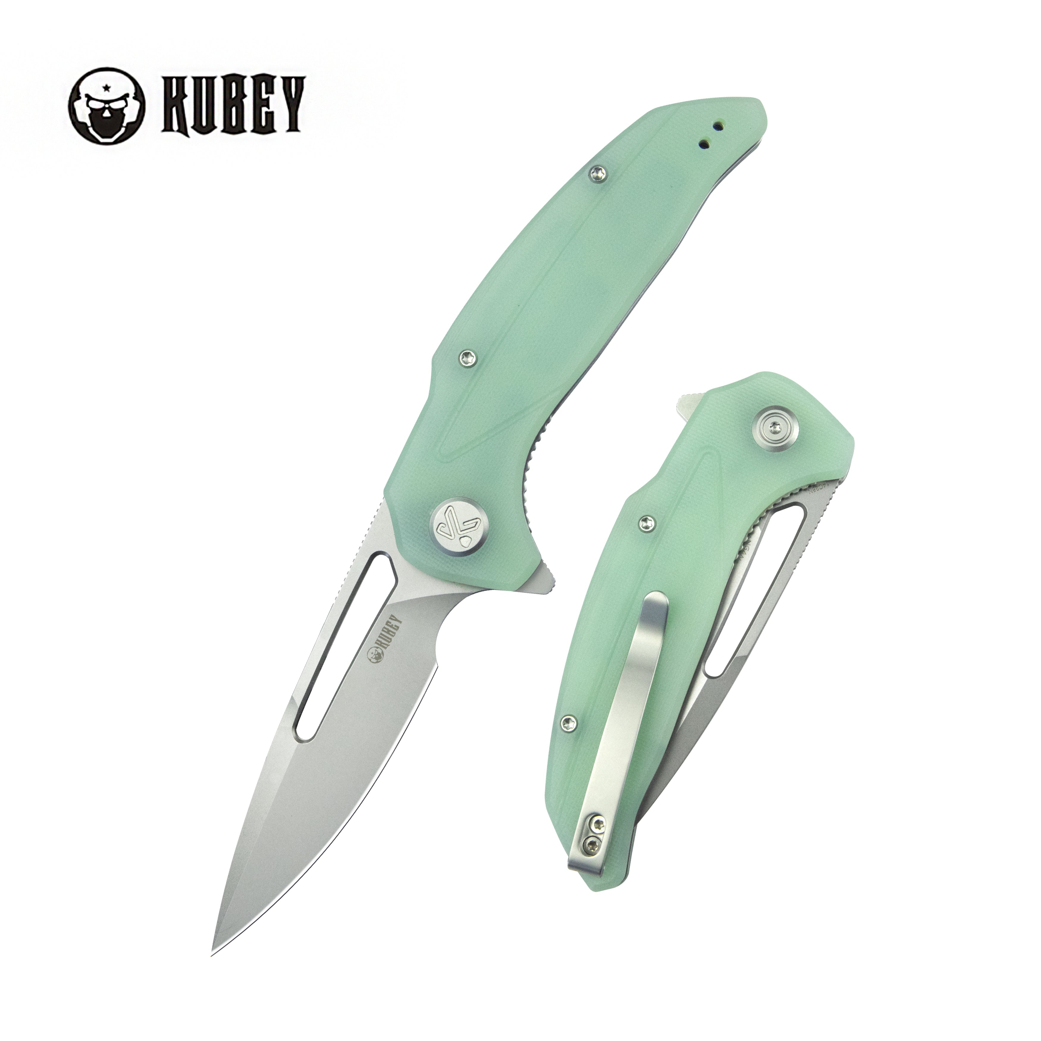 Kubey Nautilus Flipper Knife Jade G10 Handle 3.46" Silver Sandblast 14C28N KU372B