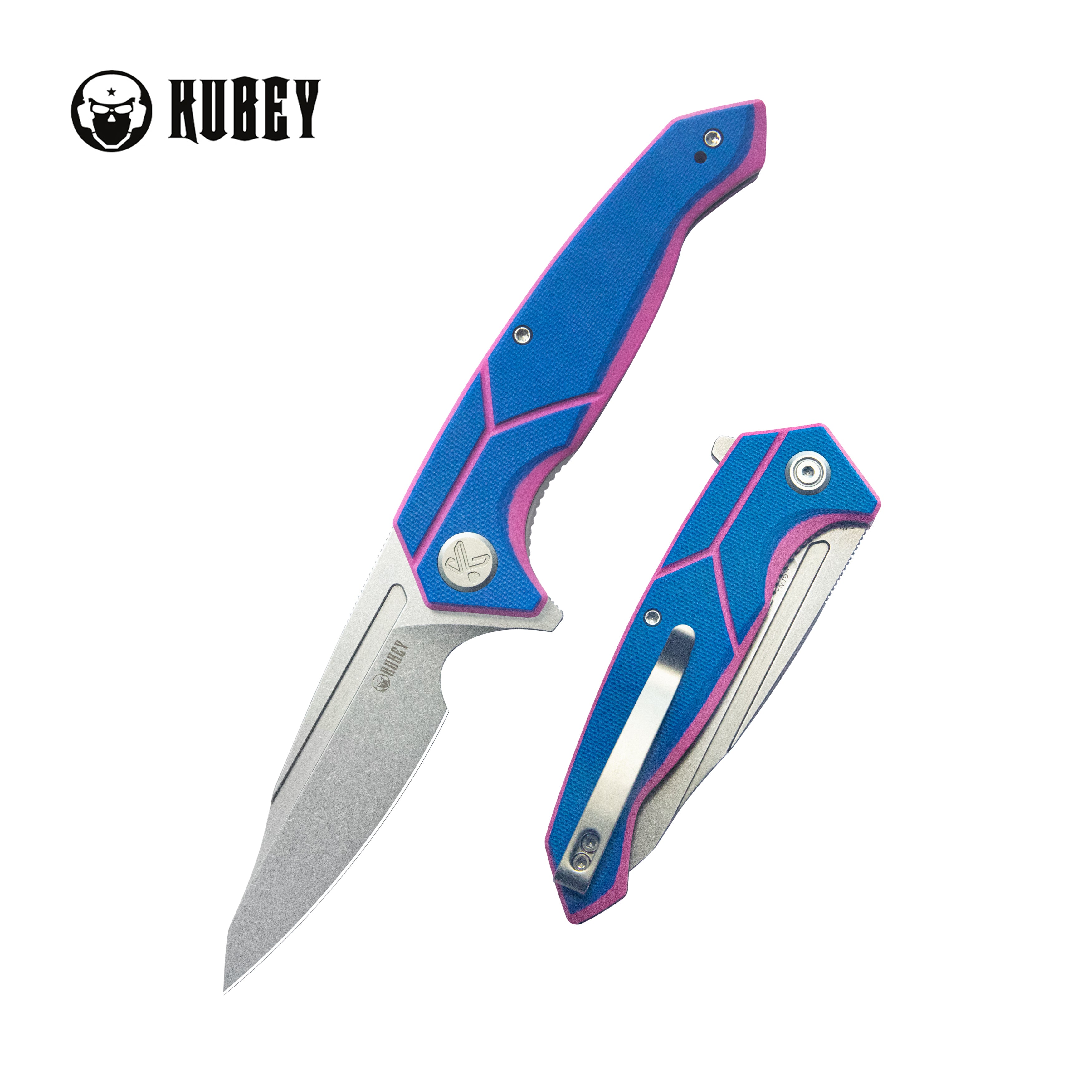Kubey RBC-1 Outdoor Flipper Knife Blue Pink G10 Handle 3.46" Stonewash 14C28N KU373C
