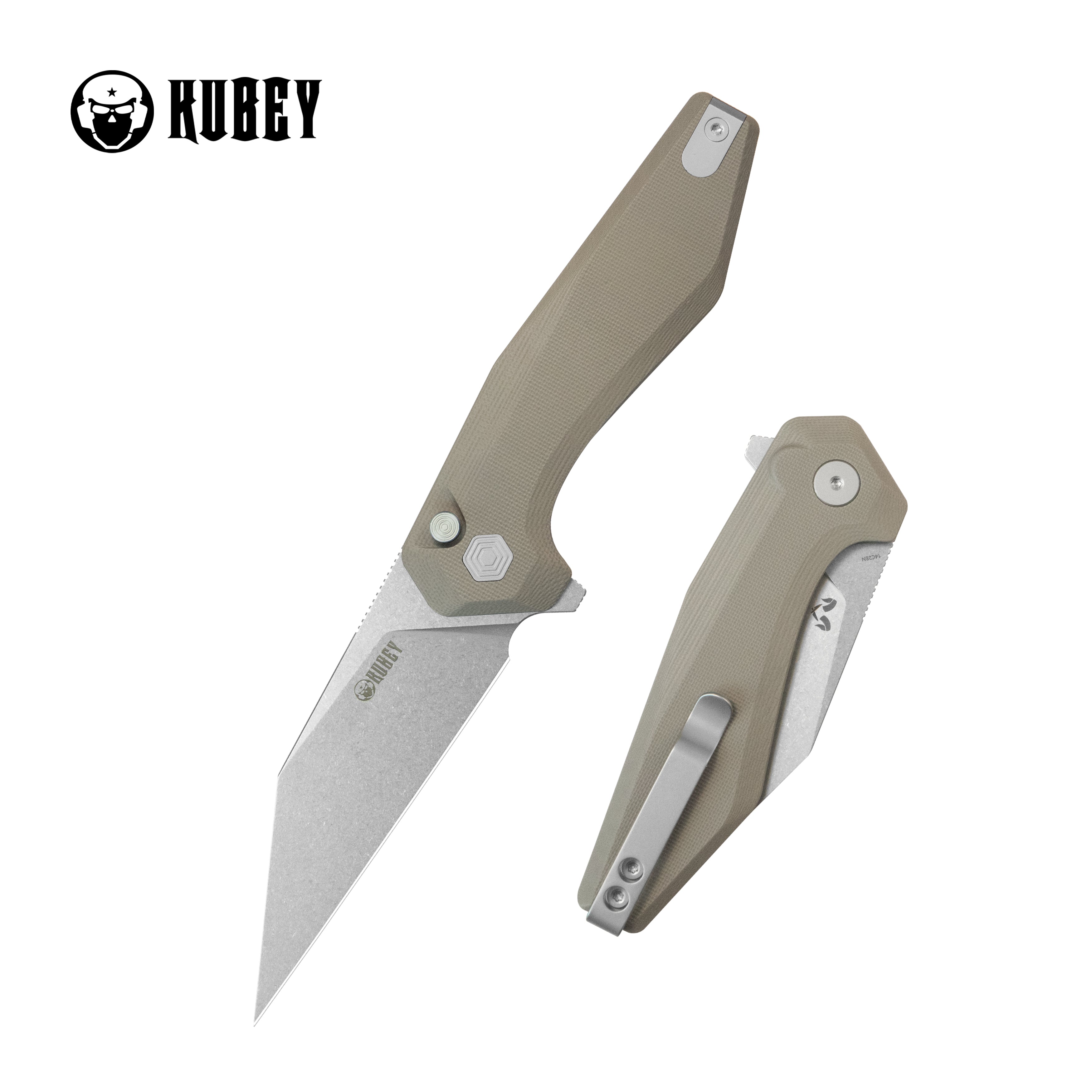 Kubey Fenrir Folding Knife Tan G-10 Handle 3.27'' Stonewashed 14C28N Blade KU393C