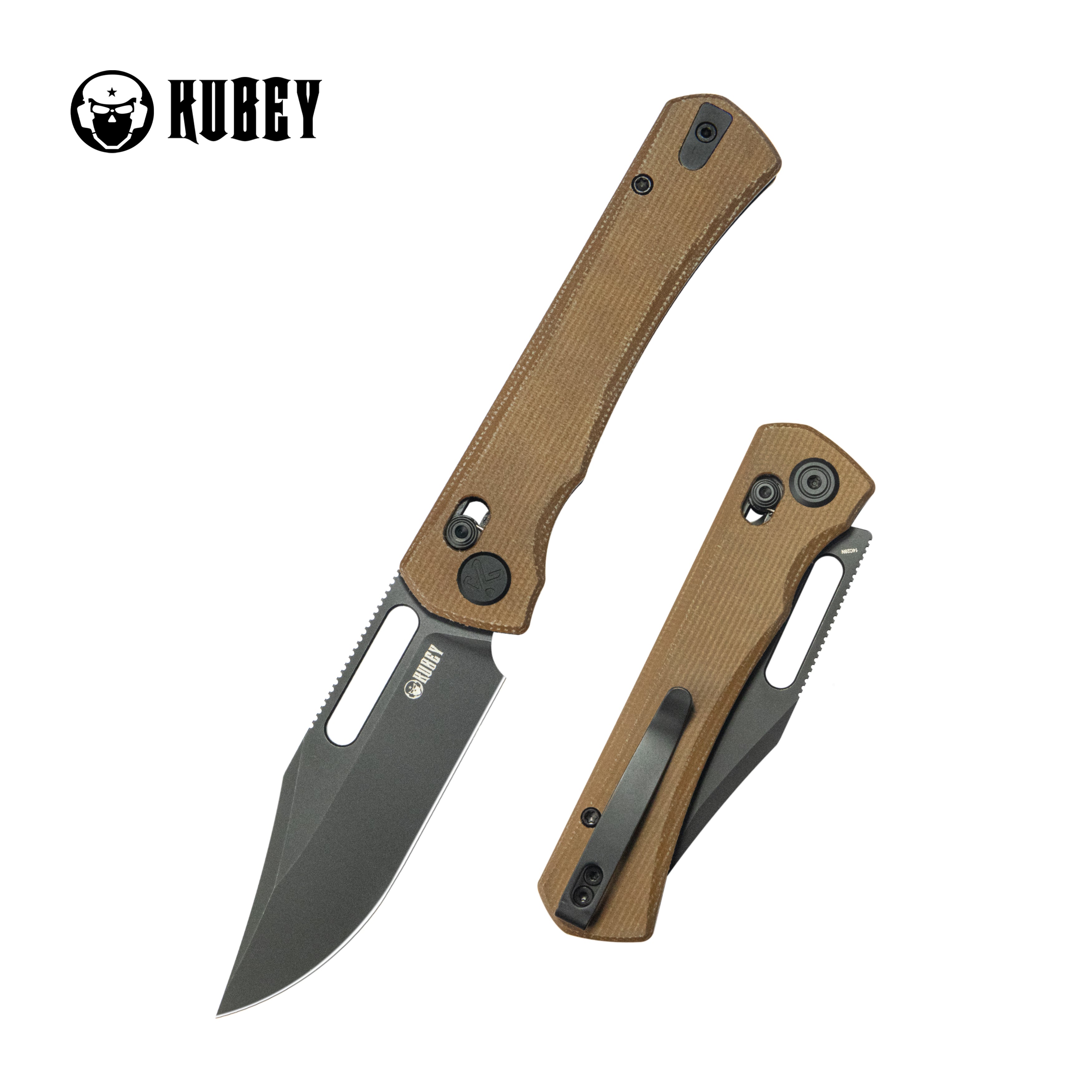 Kubey TBO Crossbar lock Everyday Carry Folding Knife Brown Micarta Handle 3.1" Blackwash 14C28N KU396E