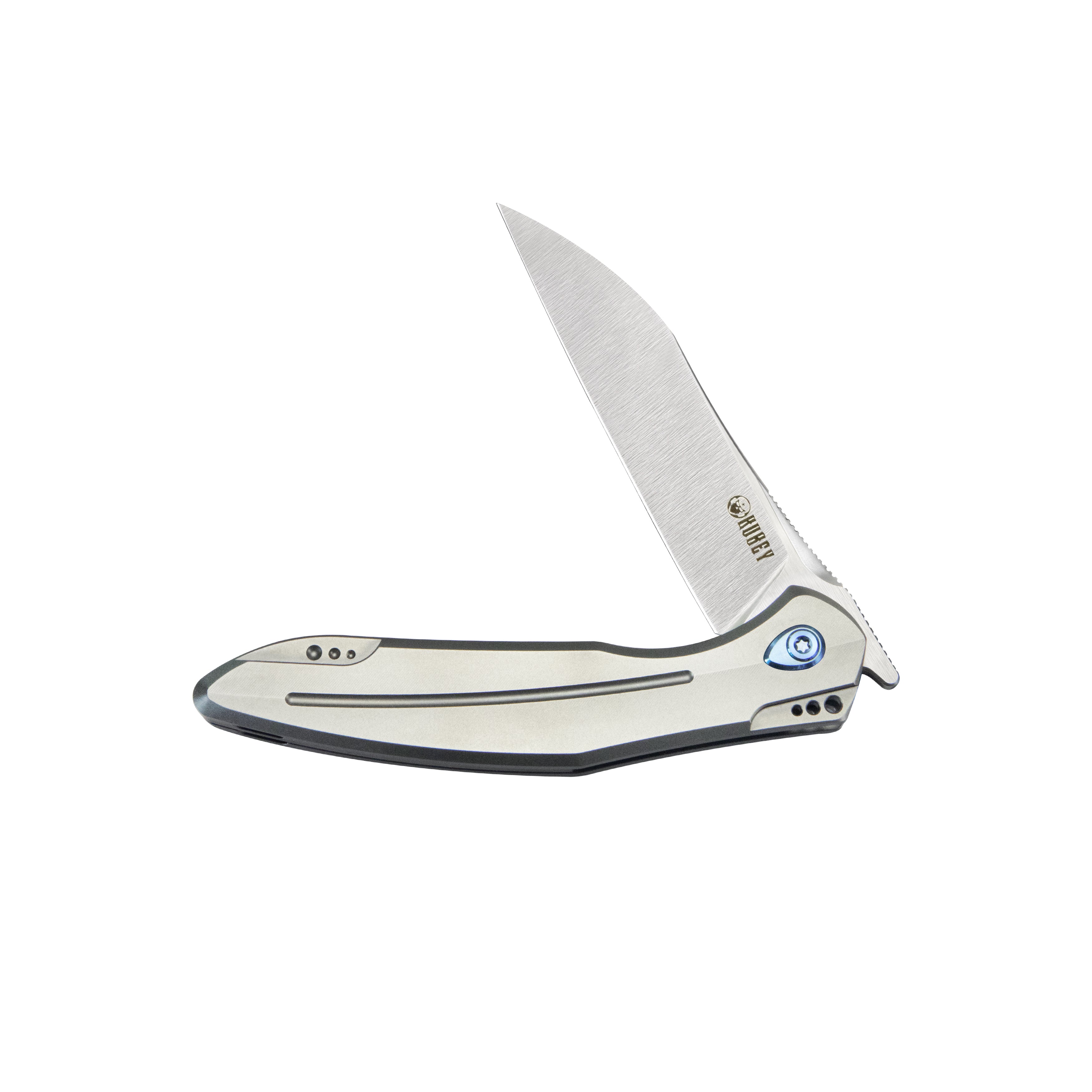 Kubey Barracuda Liner Lock Front Flipper Folding Knife Grey Titanium Handle 3.3" Satin M390 KB299C