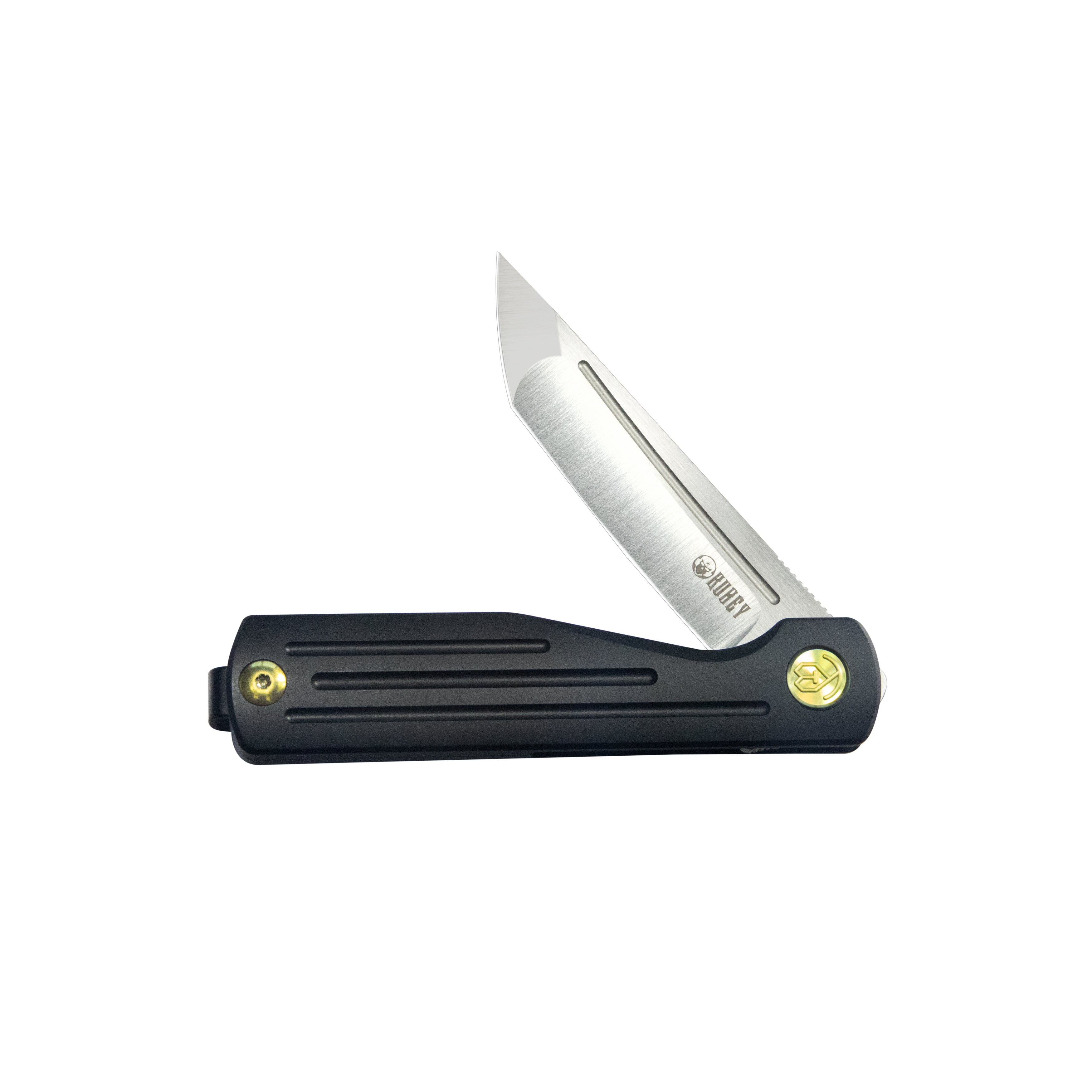Kubey Musō Flipper Everyday Carry Knife Black Titanium Handle 2.95" Tanto Belt Satin M390 Blade KB244C