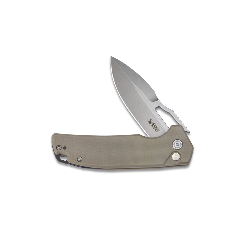 RDF Pocket Knife with Button Lock, Full-Contoured Tan G-10 Handle 3.11" Bead Blasted AUS-10 Blade, Lightweight Hydra Designed Folding Knife for EDC KU316D