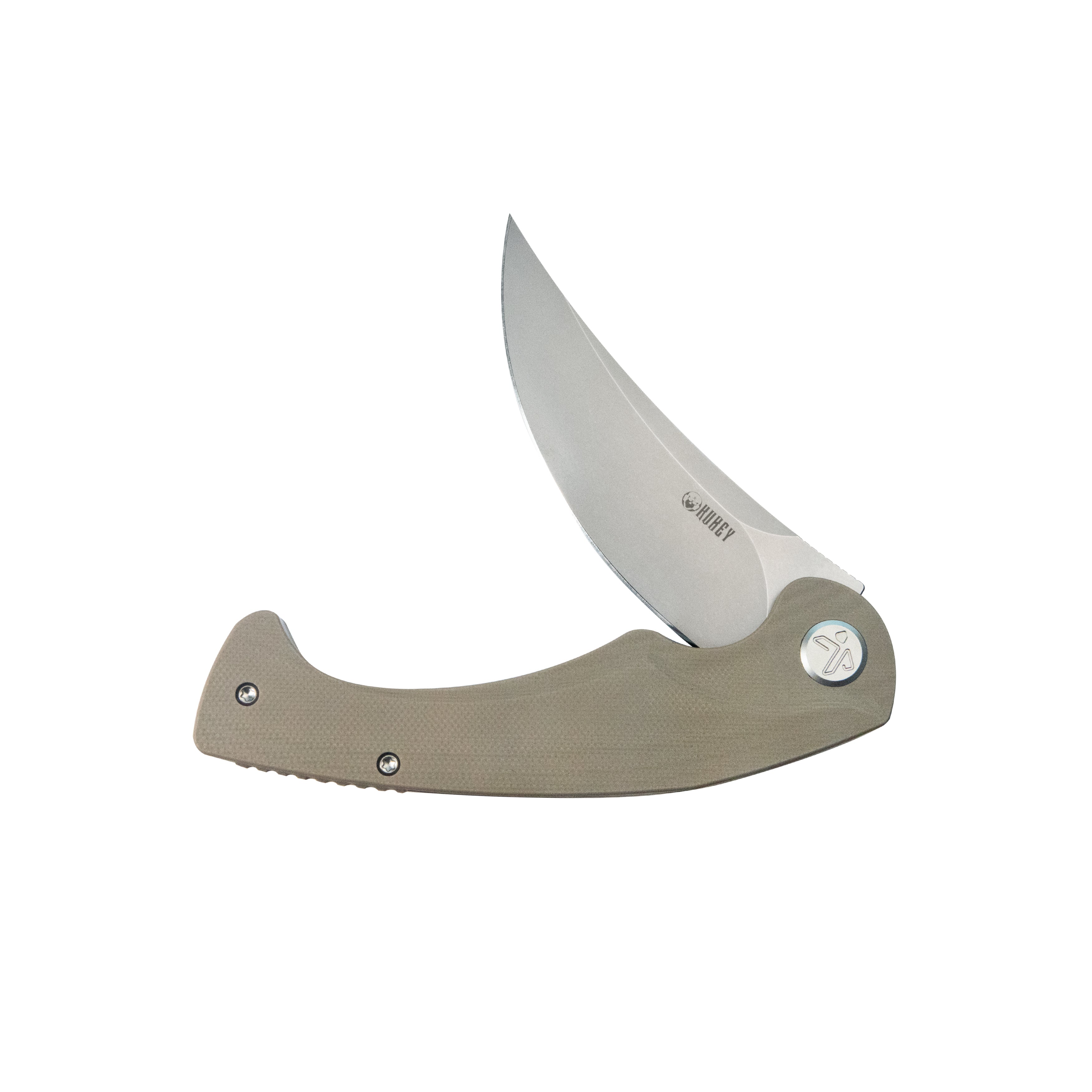 Kubey Scimitar Liner Lock Folding Knife Tan G10 Handle 3.46" Bead Blast 14C28N KU173M